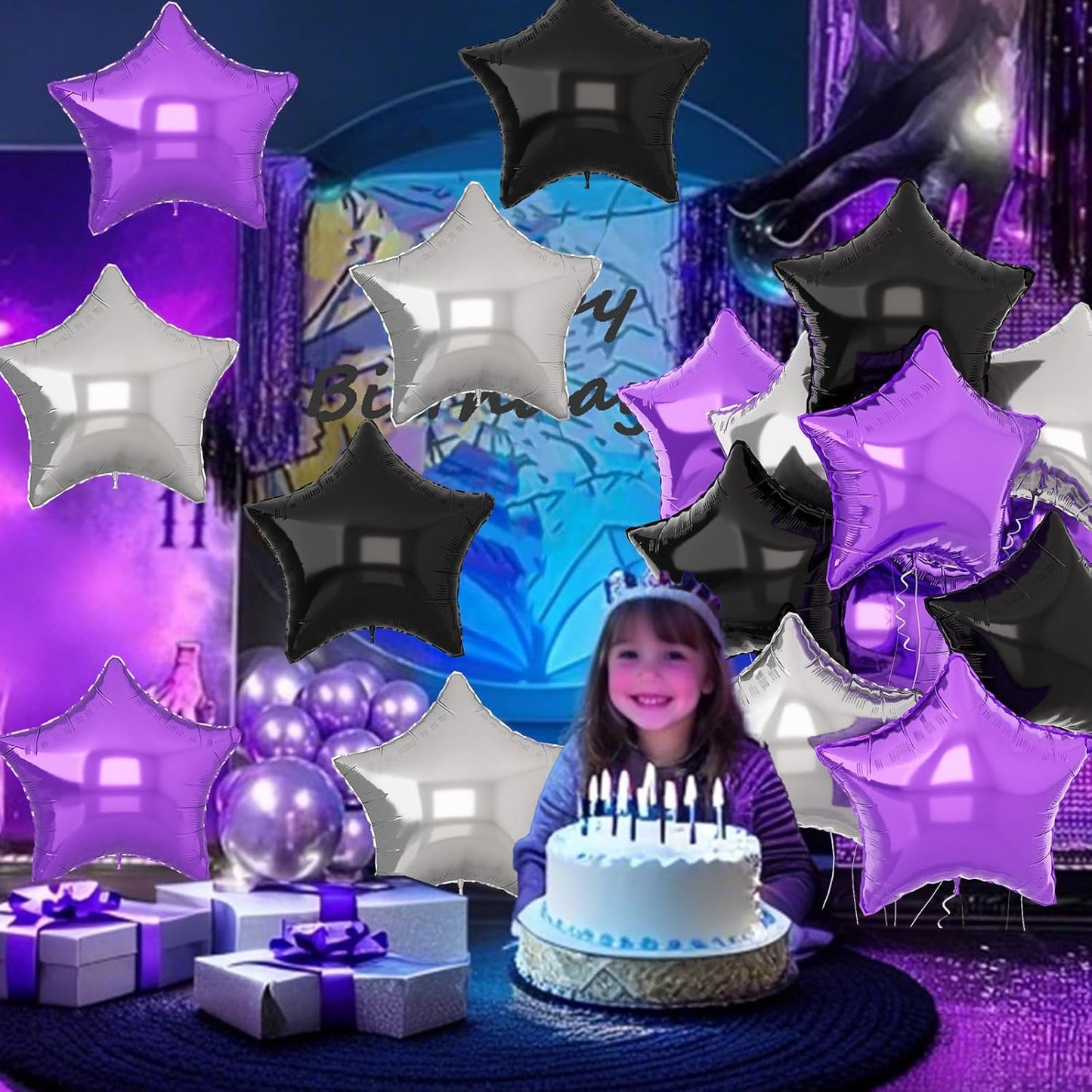 Purple Black Star Balloons 18Inch Lavender Purple Silver and Black Pentagram Foil Balloon 12Pcs Violet Stars Shape Foil Helium Balloon for Girls Women Birthday Graduation Halloween Cartoon Party Decor