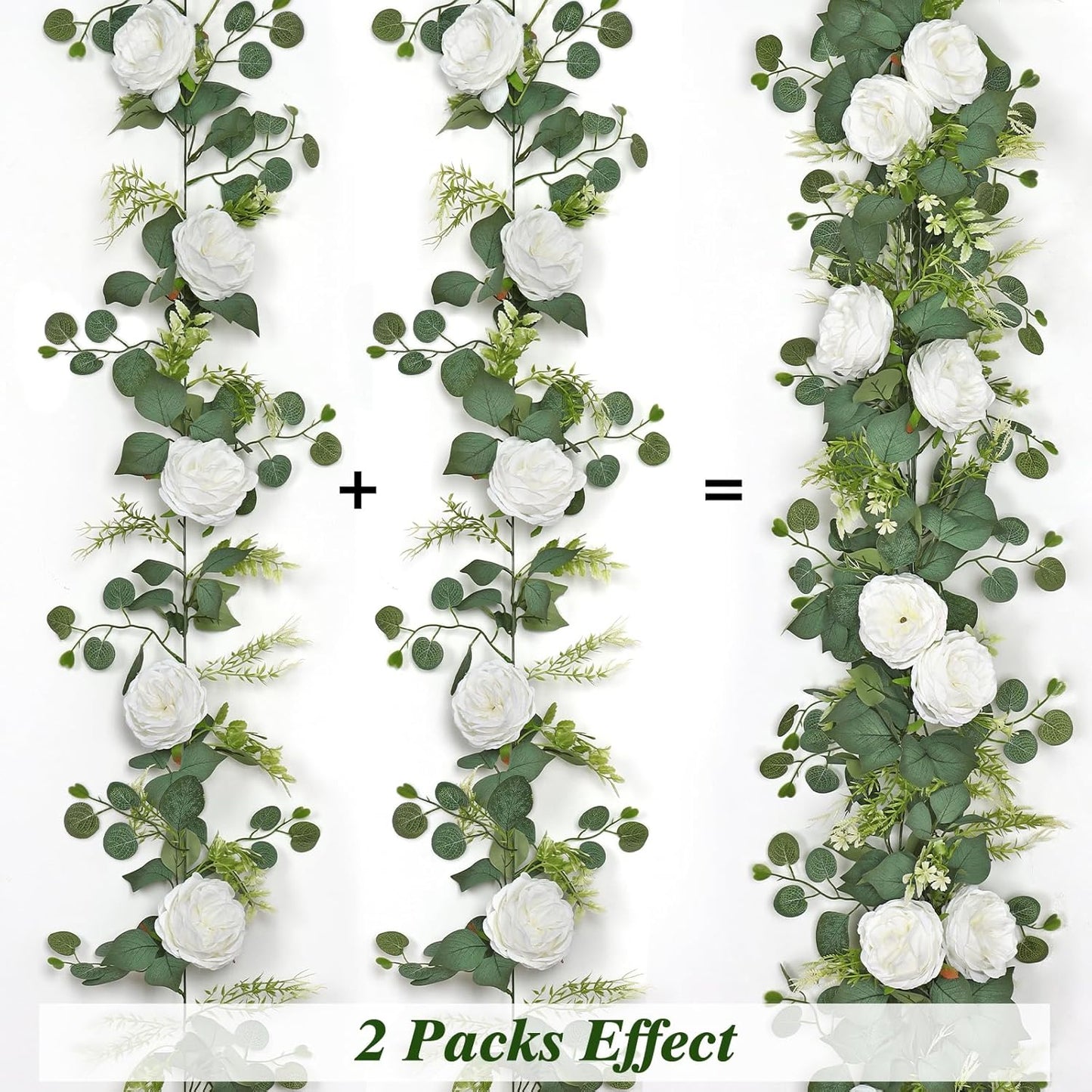 4PCS 6.23FT Artificial Eucalyptus Garland with Peony Flowers Fake Vines Floral Greenery Garland White Peonies Artificial Flowers for Centerpiece Table Runner Wedding Decor (White, 4PCS)