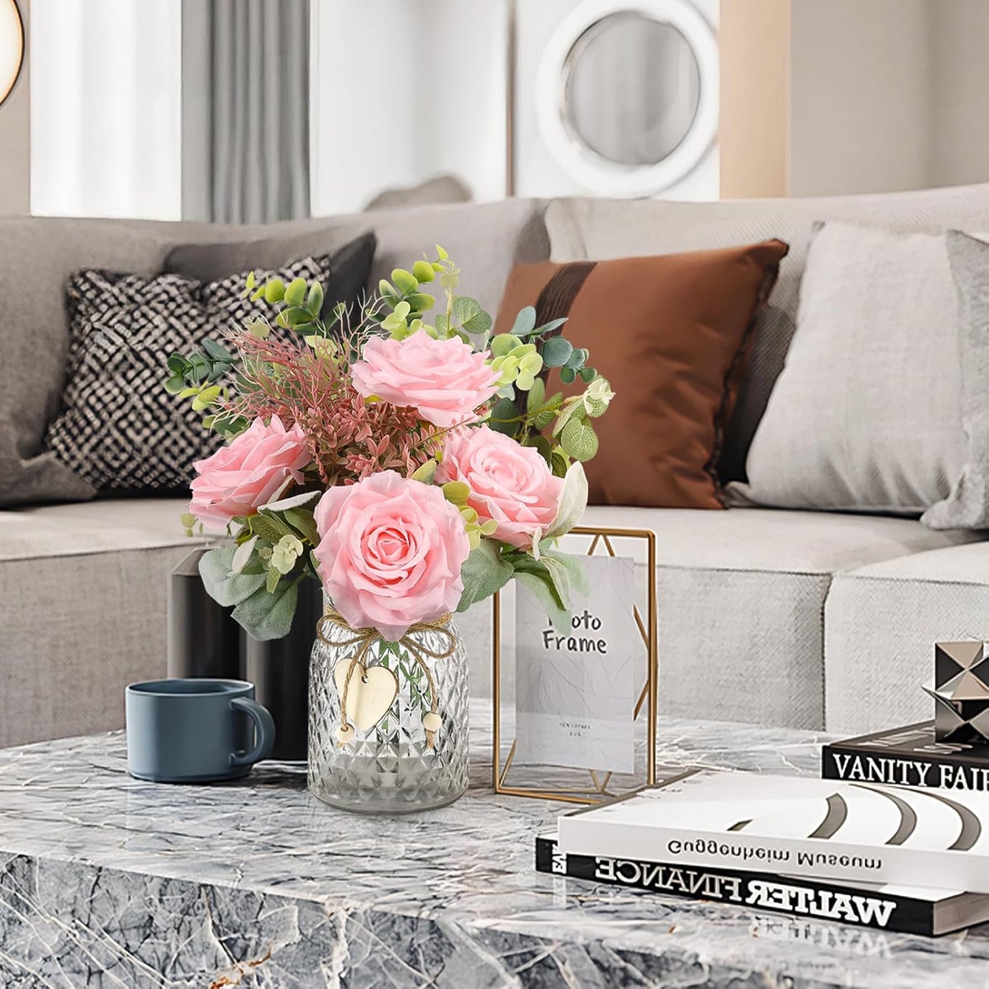 HOHOTIME Artificial Flowers in Vase, Faux Silk Pink Roses Table Centerpiece Decoration, Fake Flowers for Home Bedroom Study Room Decor with Glass Vase