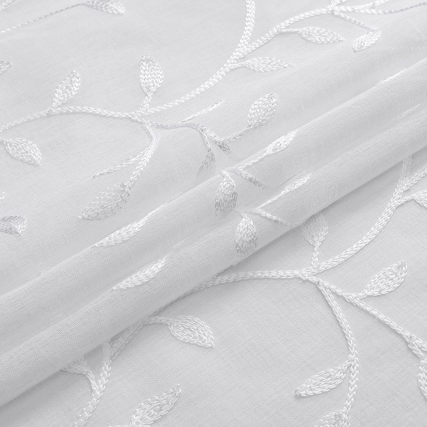 VISIONTEX White Sheer Voile Curtains, Decorative Leaves Embroidery Faux Linen Rod Pocket Window Drapes for Home Kitchen, Living Room and Bedroom 54 x 108 Inch, Set of 2 Curtain Panels