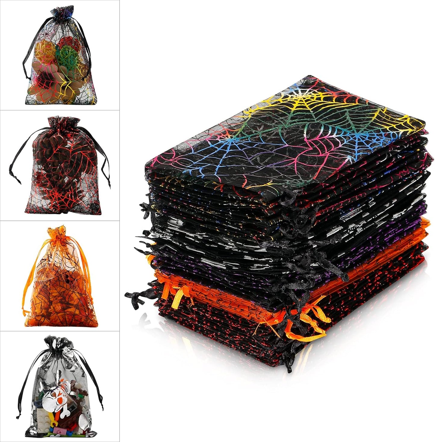WenTao Halloween Organza Bags, Black Spider Web Favor Gift Bags with Drawstring, 4 x 6 inches Jewelry Gift Bags for Christmas, Halloween, Festival, Pouches Candy Mesh Pouches