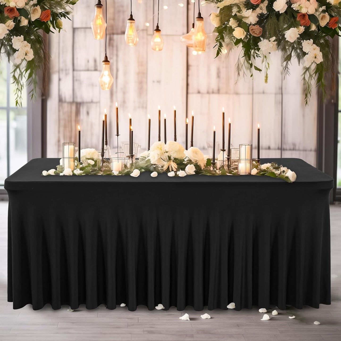 Wish Care 2 Pack Black Spandex Table Cloths - Fitted, Wrinkle Free, 6ft Rectangle Table Cover for Party, Banquet, Wedding & Events