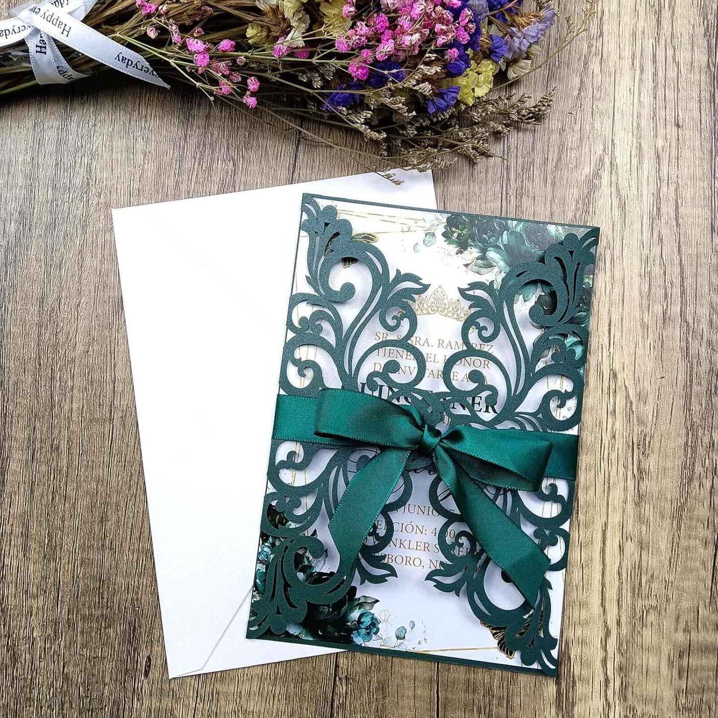 25PCS Laser Cut Wedding Invitations Cards with Envelopes,Blank Inner Sheets,Ribbons for Wedding Bridal Shower Quinceañera Engagement Birthday Invites (pearl emerald green)