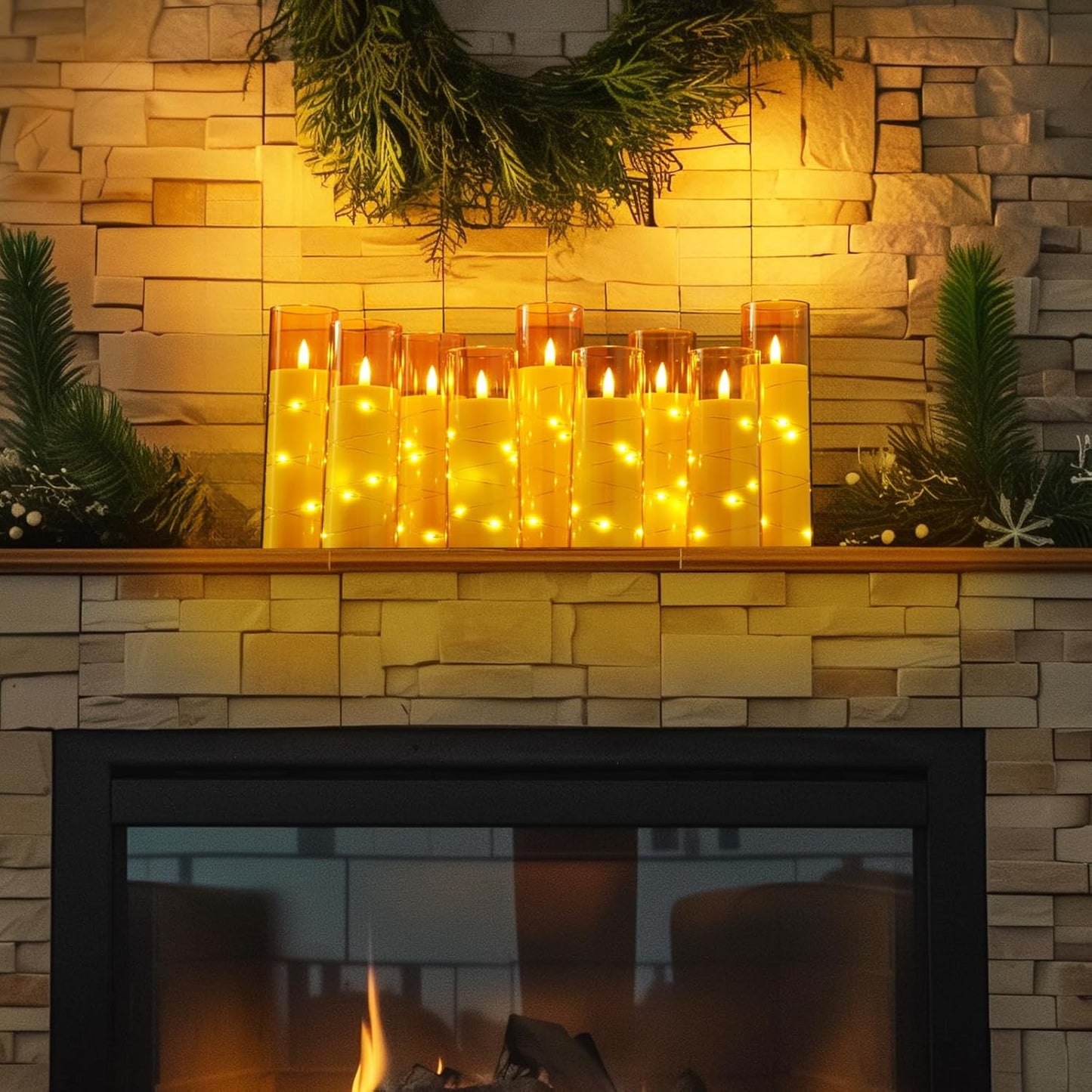 Homemory Flameless Candles with Embedded Star String Fairy Lights, Battery Operated Candles with Remote Control and Timer, Flickering LED Candle for Fall Pumpkin Decorations, Amber Gold, Set of 9