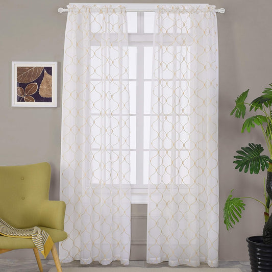 Sheer Curtains Gold 95 Inches Long, Embroidered Wave Diamond Window Treatments Rod Pocket Drapes for Living room, Bedroom, Semi Crinkle Voile Curtain Panels for Yard, Patio, Villa, Set of 2, 52"x95".