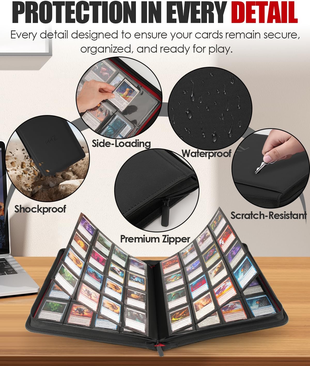 16-Pocket Card Binder - Card Binder Holds 832 Cards with Durable PU Leather & Side Loading for Baseball, Sport, MTG, TCG, PKM, Game Cards, Regular Cards Binder Double Sided Pocket Collector Album