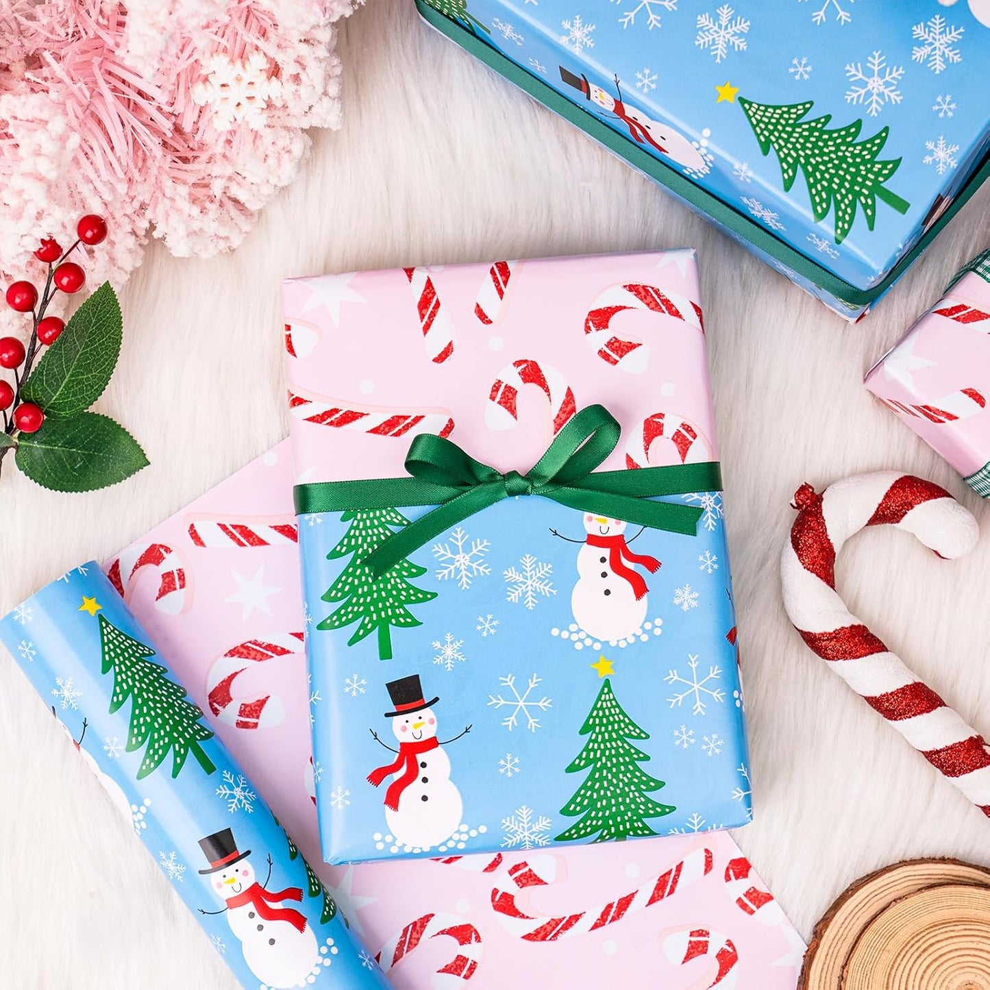 LeZakaa Christmas Wrapping Paper for Kids, Mini Roll, Red Truck, Snowman Christmas Tree in Blue & Pink Candy Cane Reversible Design for Winter Holiday Family Gathering, 17 inches x 32.8 Feet