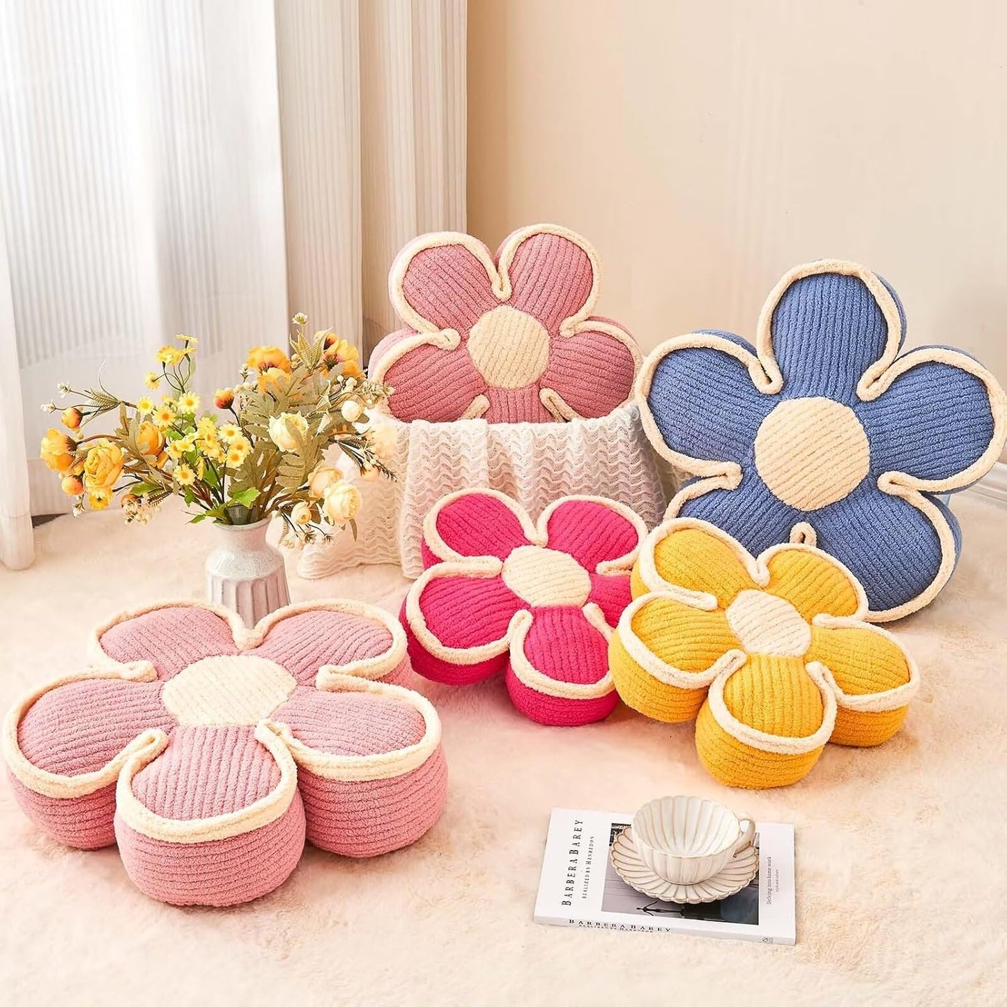 Soft Flower Shaped Floor Cushion, Decorative Throw Pillow, Cute Seating Cushion, Plush Pillows for Sofa Couch Bed (17.7 Inch, Hot Pink)