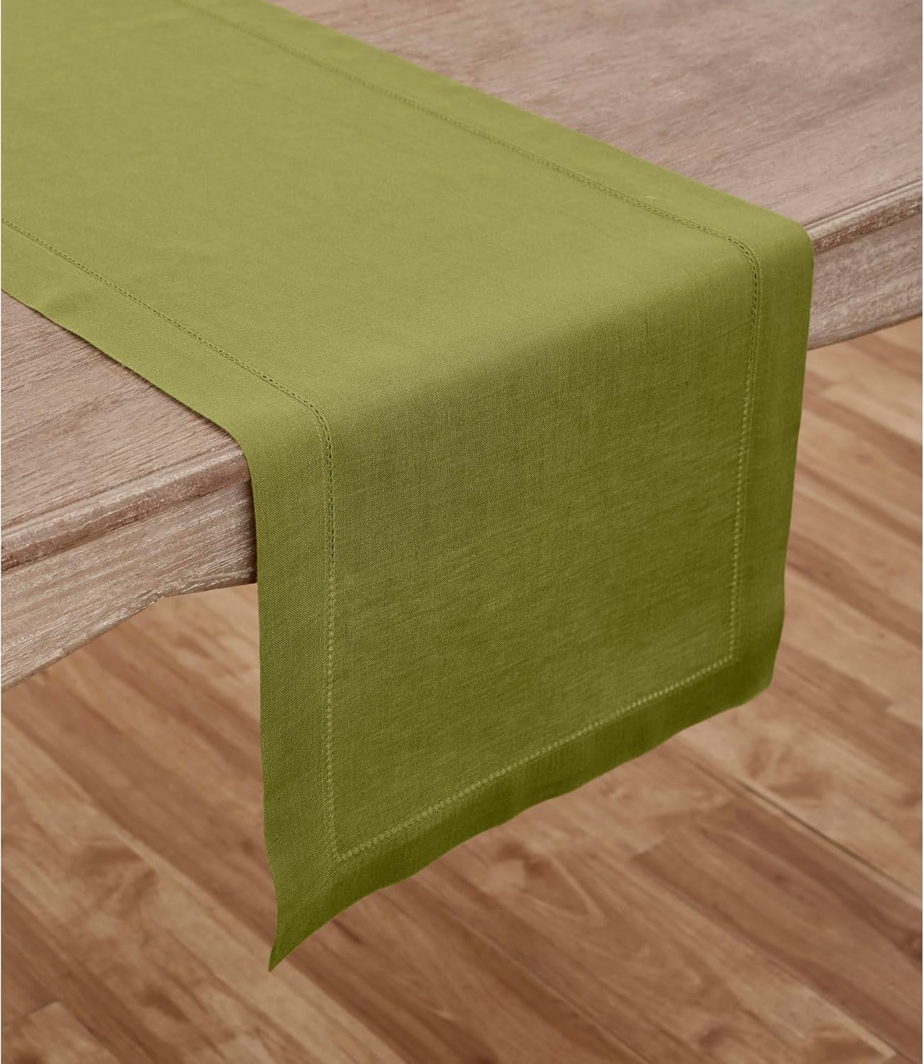Solino Home Linen Hemstitch Table Runner 36 Inches - 100% Pure Linen Avocado Green Table Runner 14 x 36 Inch Ideal for Dresser and Coffee Tables - Fall, Autumn, Thanksgiving - Classic Hemstitch