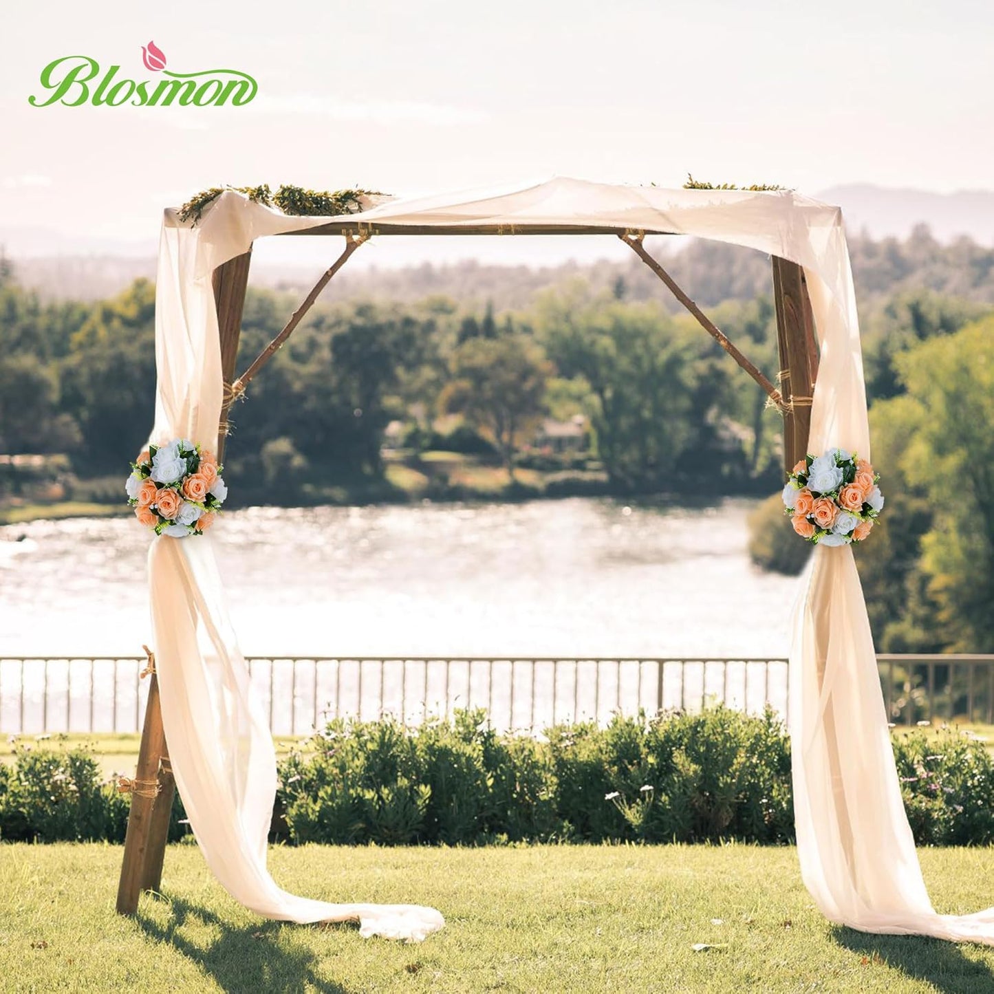 BLOSMON Flower Balls for Wedding Centerpieces: 10pcs Peach Fuzz 9.5 Inch Fake Rose Kissing Ball Decor Artificial Floral Arrangements Silk Bouquet with Base Home Party Room Table DIY Decorations