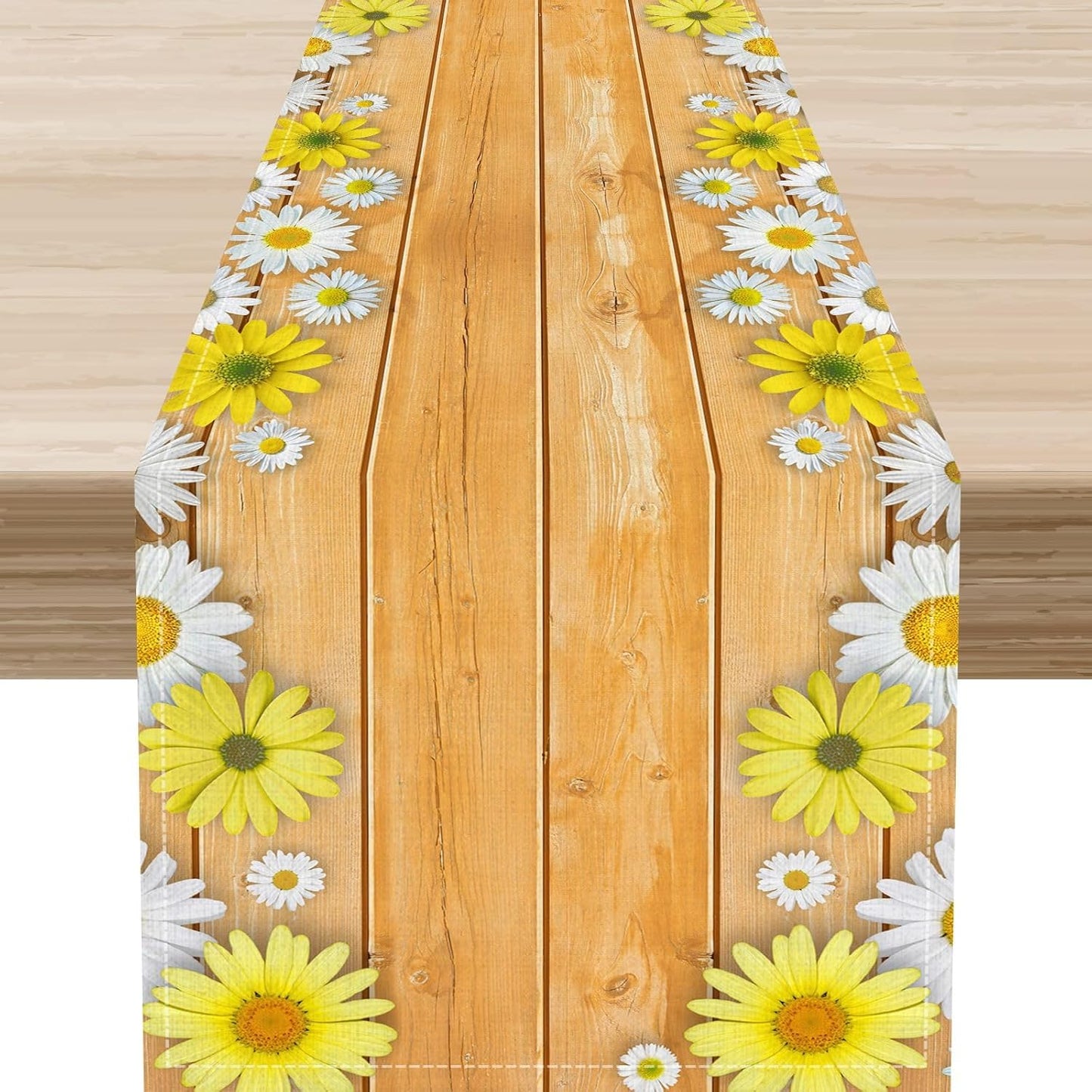 Farmhouse Floral Table Runner, Spring Seasonal Yellow Daisy Sunflower Retro Wooden Country Table Center Decor for Home Kitchen Dining Patio Holiday Party Table Decorations, 13"x72" Inch