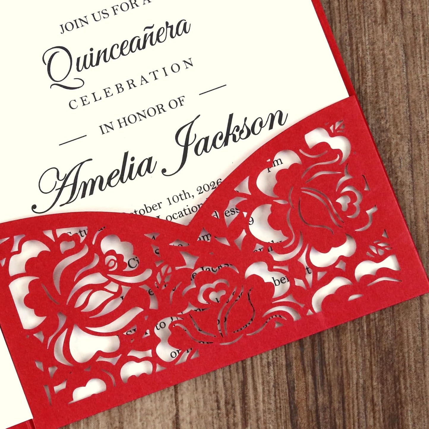 DORIS HOME 50pcs Laser Cut Quinceanera Invitation Pockets with Envelopes Red, 5.12" x 7.12"Invitation Cards for Birthday, Miss 15, Sweet 16 (No Inserts Included)