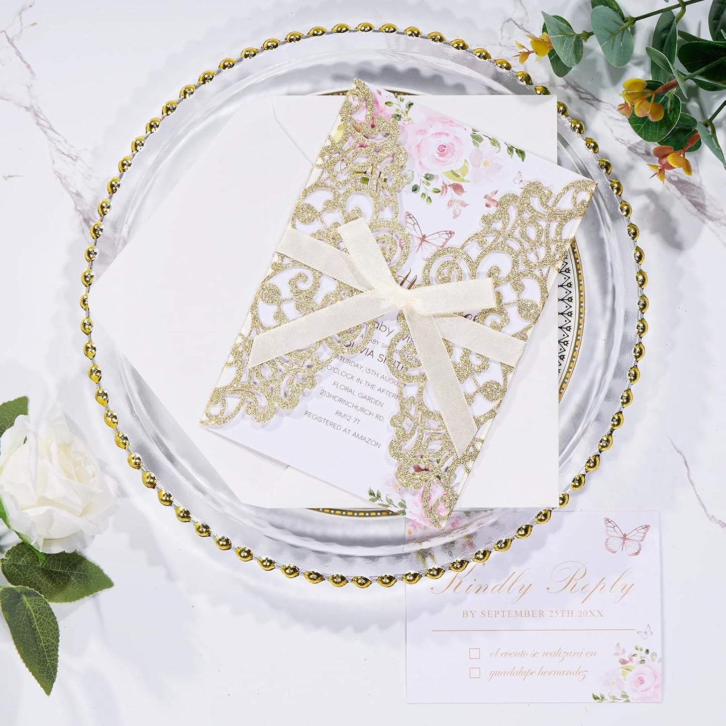 50Pcs Gold Glitter Laser Cut Wedding Invitation with Envelopes RSVP Cards and Ribbons Blank Card Invitaciones Para 15 Años Personalizados Quinceañera Baby Shower Party Invites