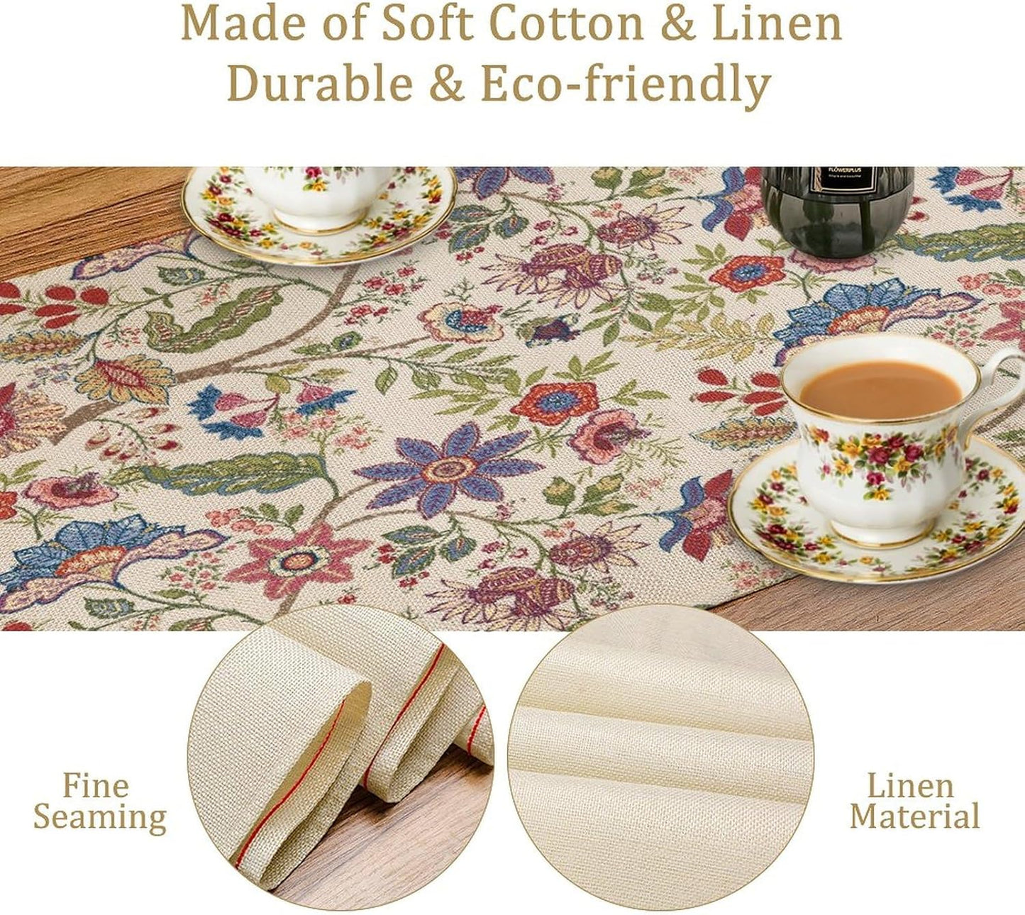 Spring Floral Table Runner, Boho Floral Pattern Natural Plant Table Decoration for Home Kitchen Restaurant Holiday Party,13in（33cm） W * 108in（274cm） L