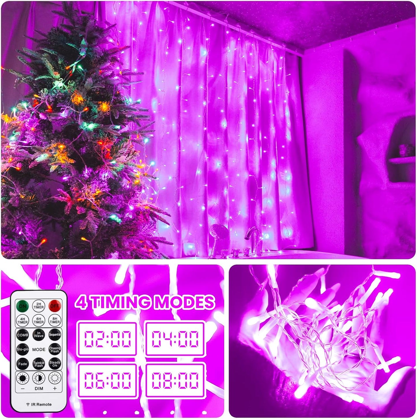 Curtain Light for Bedroom, 200LED 6.6x6.6ft Pink Window Wall Hanging Fairy Curtain String Light, 8 Modes Remote Fairy String Lights Indoor for Wedding Party Home Garden Decorations