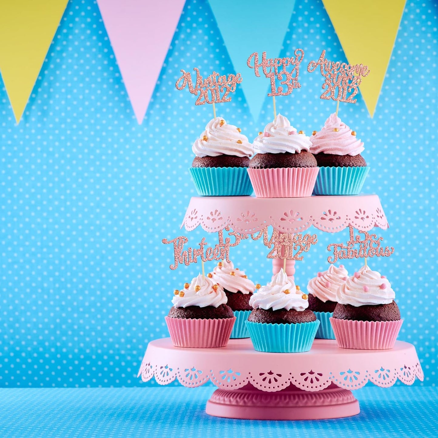 30Pcs Vintage 2012 Cupcake Toppers Glitter Thirteen 13 Fabulous Happy 13th Birthday Cupcake Picks Cheers to 13 Years for 13th Birthday Anniversary Party Cake Decorations Supplies Rose Gold