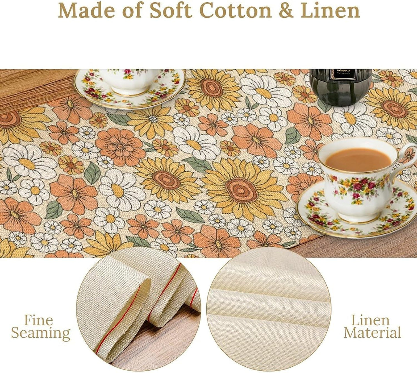 Vintage Floral Table Runner,Boho 70s Style Retro Daisies Flower Table Runner for Kitchen Dining Table Home Party Decoration 13x36 Inch