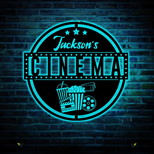 Custom Movie and Popcorn Metal Wall Art LED Light Custom Family Cinema Home Theater Name Sign Home Decor Theater Decor Xmas Birthday Gift