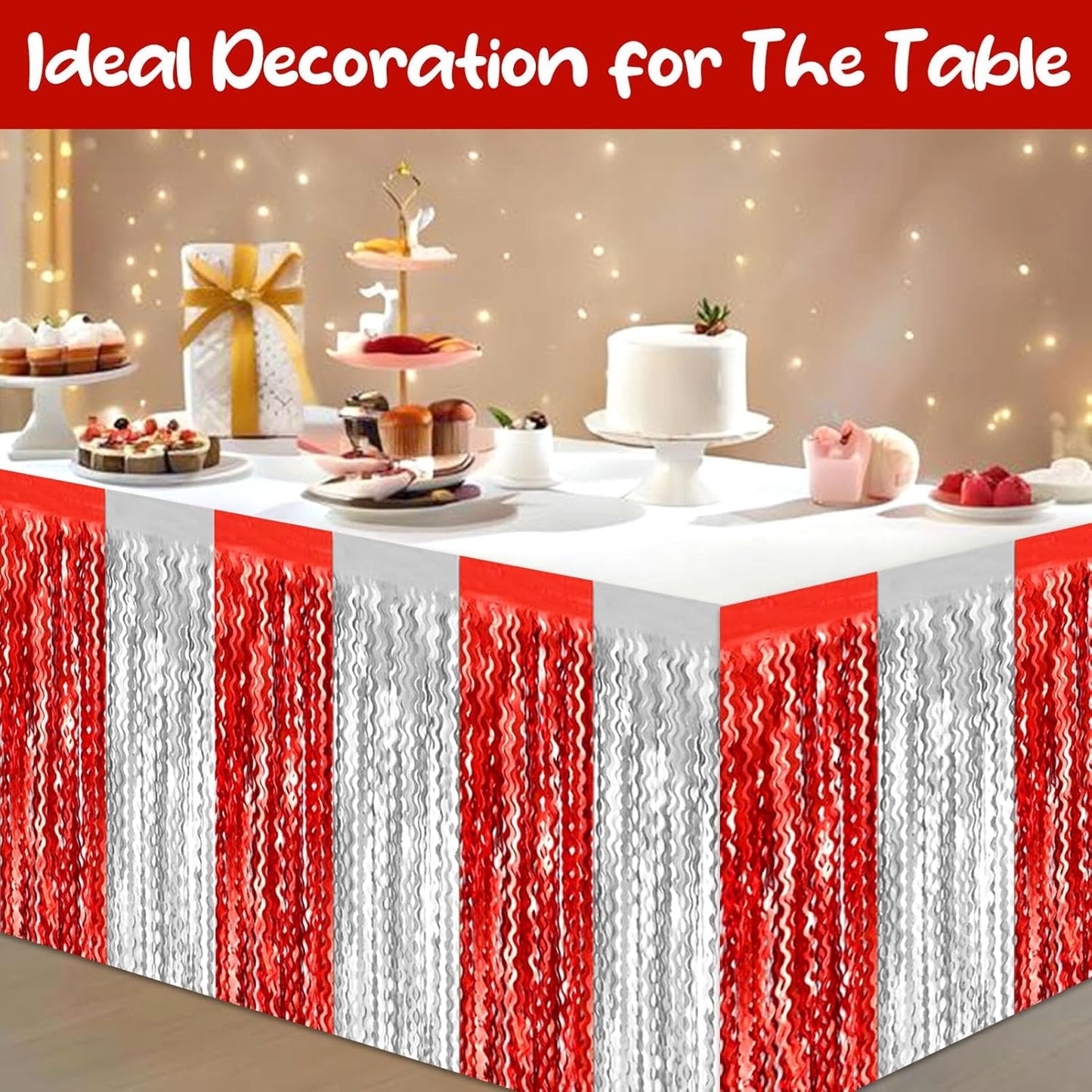 6 Pack 29 x108 Inch Red Silver Wave Foil Fringe Table Skirts Metallic Banner for Tinsel Streamer Garland Backdrop for Parade Floats, Mother's Day, Easter, Wedding, Birthday Party Decoration
