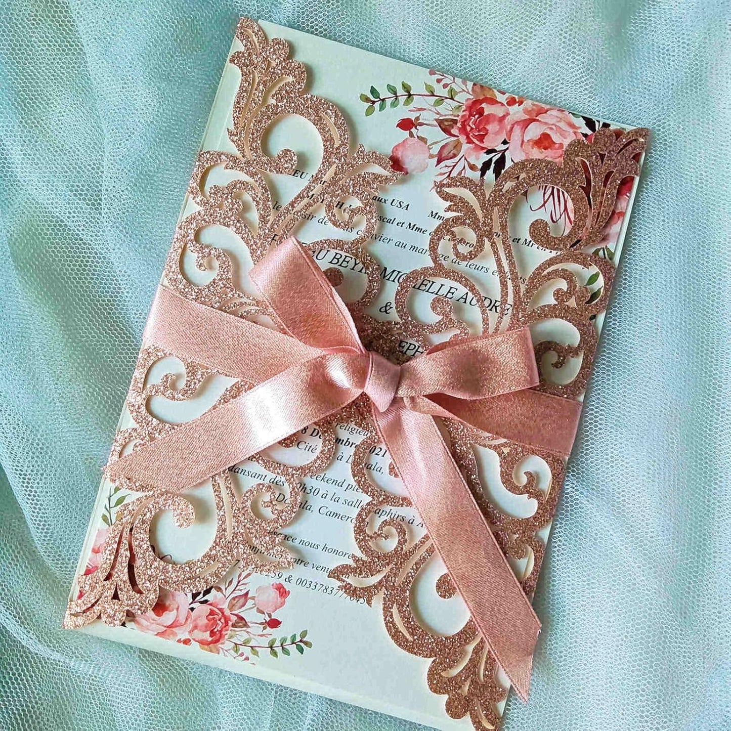 25PCS Rose Gold Laser Cut Wedding Invitations Cards with Envelopes,Blank Inner Sheets,Ribbons for Wedding Bridal Shower Quinceañera Engagement Birthday Invites, rose gold glitter