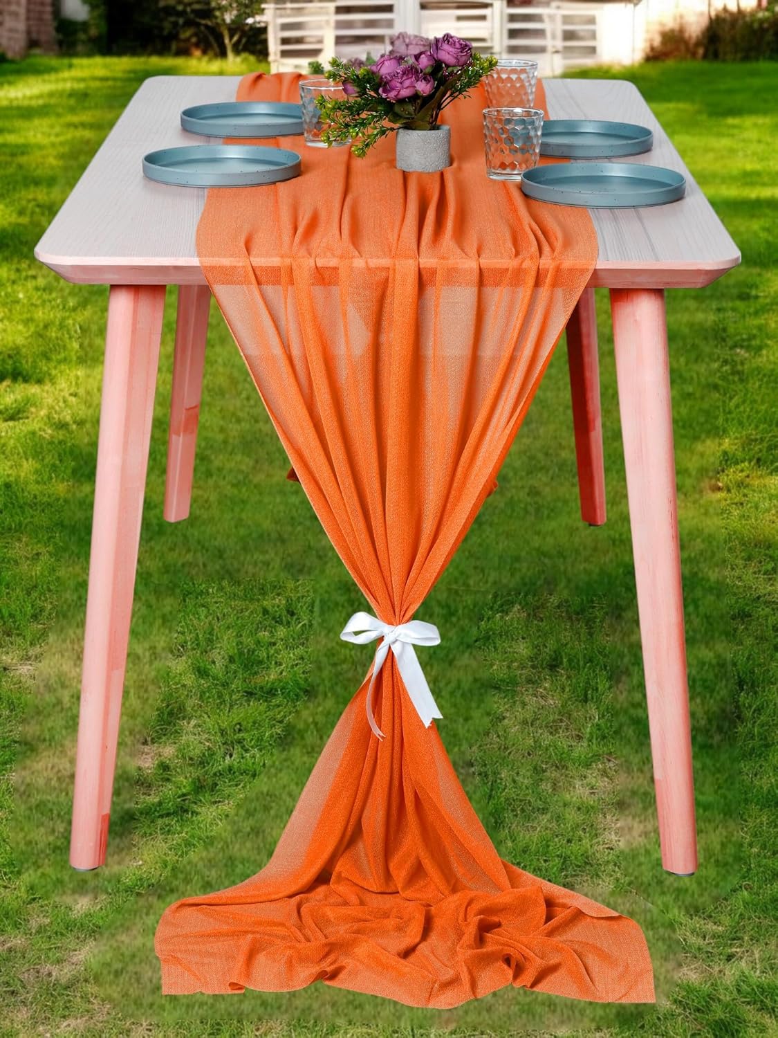 MDS 2 Pack 14ft Chiffon Table Runner 29 x 170 Inches Sheer Wedding Runner Romantic Rustic Table Runner for Wedding Decorations, Birthday Parties, Bridal Shower Party Arch Decor - Orange