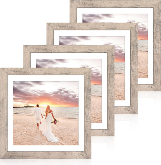 12x12 Picture Frame Set of 4 with Tempered Glass, Smoke Gray Frame Display 10x10 Picture with Mat or 12 x 12 Without Mat, Wood Square Photo Frames for Desktop Display and Wall Mounting