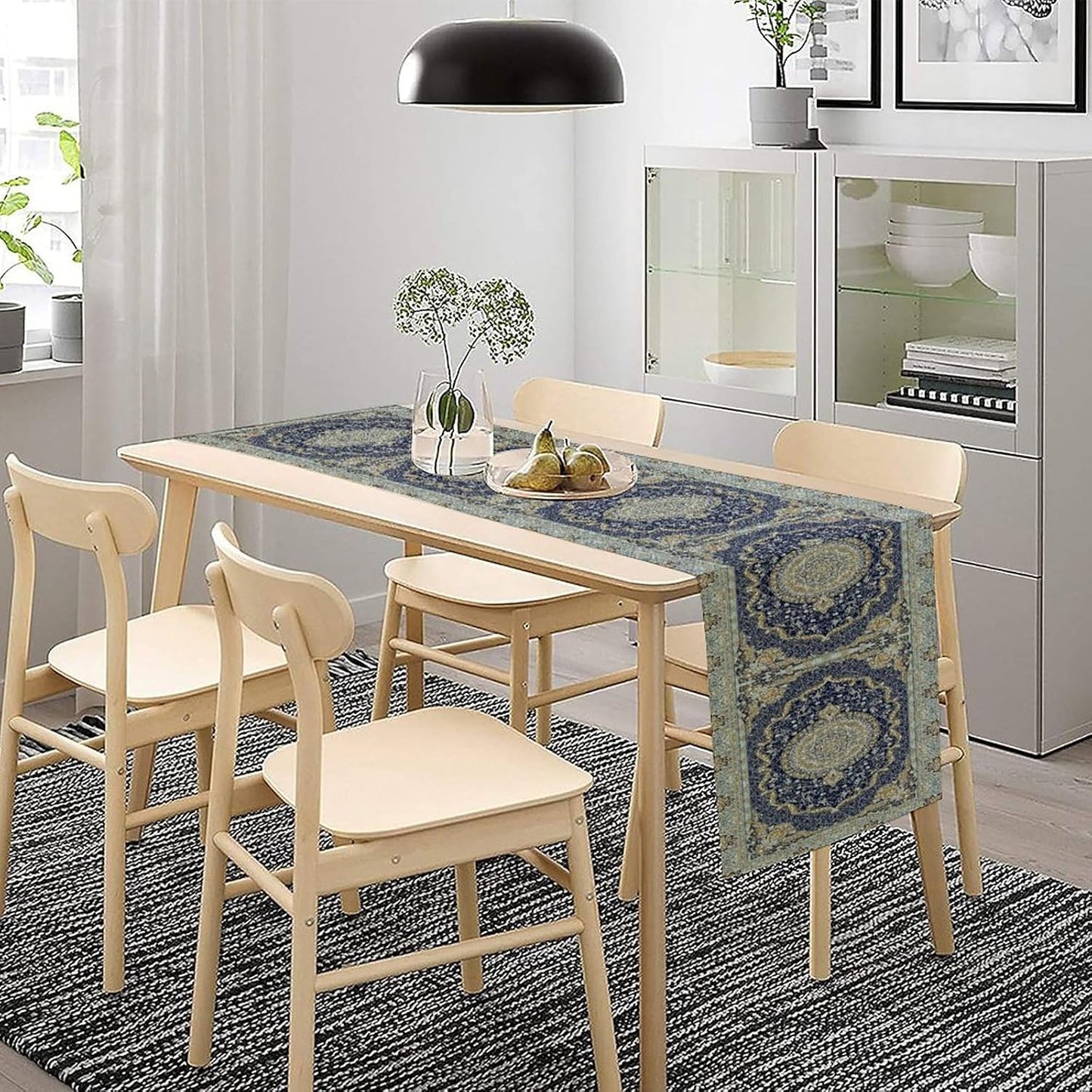 Boho Bohemia Style Blue Teal Table Runner, Country Rustic Farmhouse Magical Abstract Print Pattern for Home Kitchen Table Decor Dining Coffee Room Garden Party Decor 13x72in