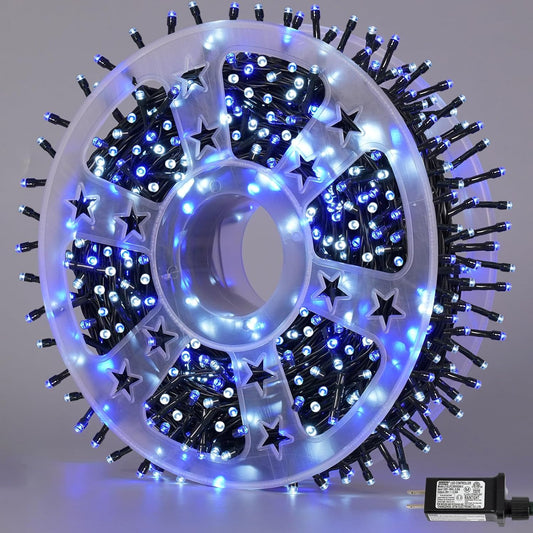 YEGUO 165ft 500 LED Christmas Lights Outdoor Waterproof, Blue and White String Light Indoor, 8 Modes Green Wire Twinkle Tree Lights Plug in with Memory Timer