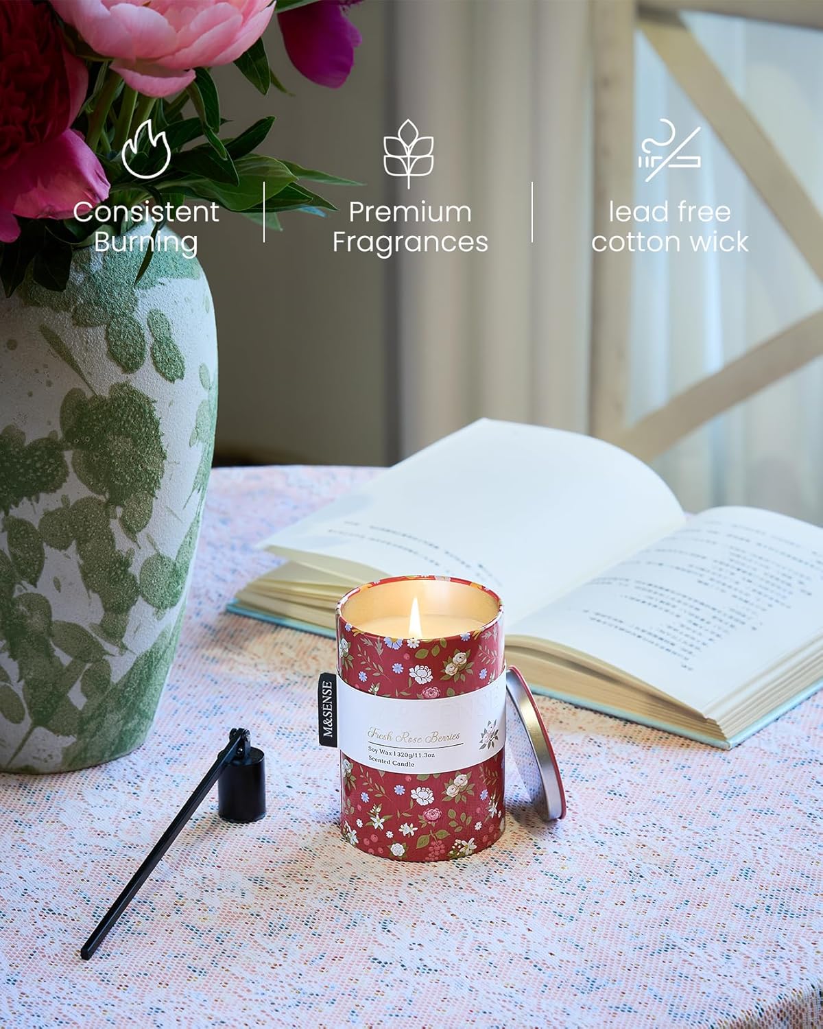 M&SENSE Fresh Rose Berries Scented Candle, Medium Jar Candle 11.3oz Natural Soy Wax for Home Scented, Floral Candles Gift for Spring Holiday, Up to 70 Hours Burning Long-Lasting Fragrance