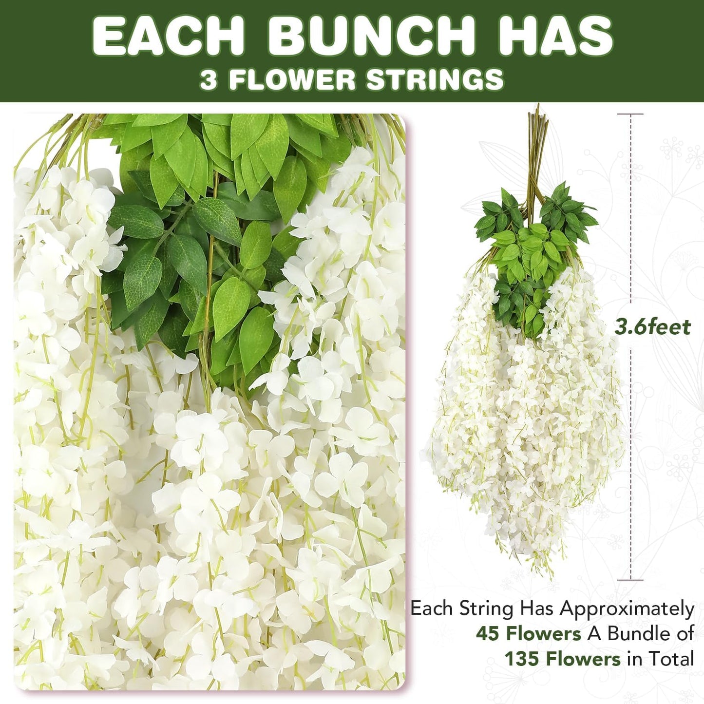 Wisteria Hanging Flowers,Fake Hanging Flowers,Wisteria artificiales Garland for Home Wedding Arch Floral Party Garden Ceremony Outdoor Decor,3.6 feet Long(36,White)