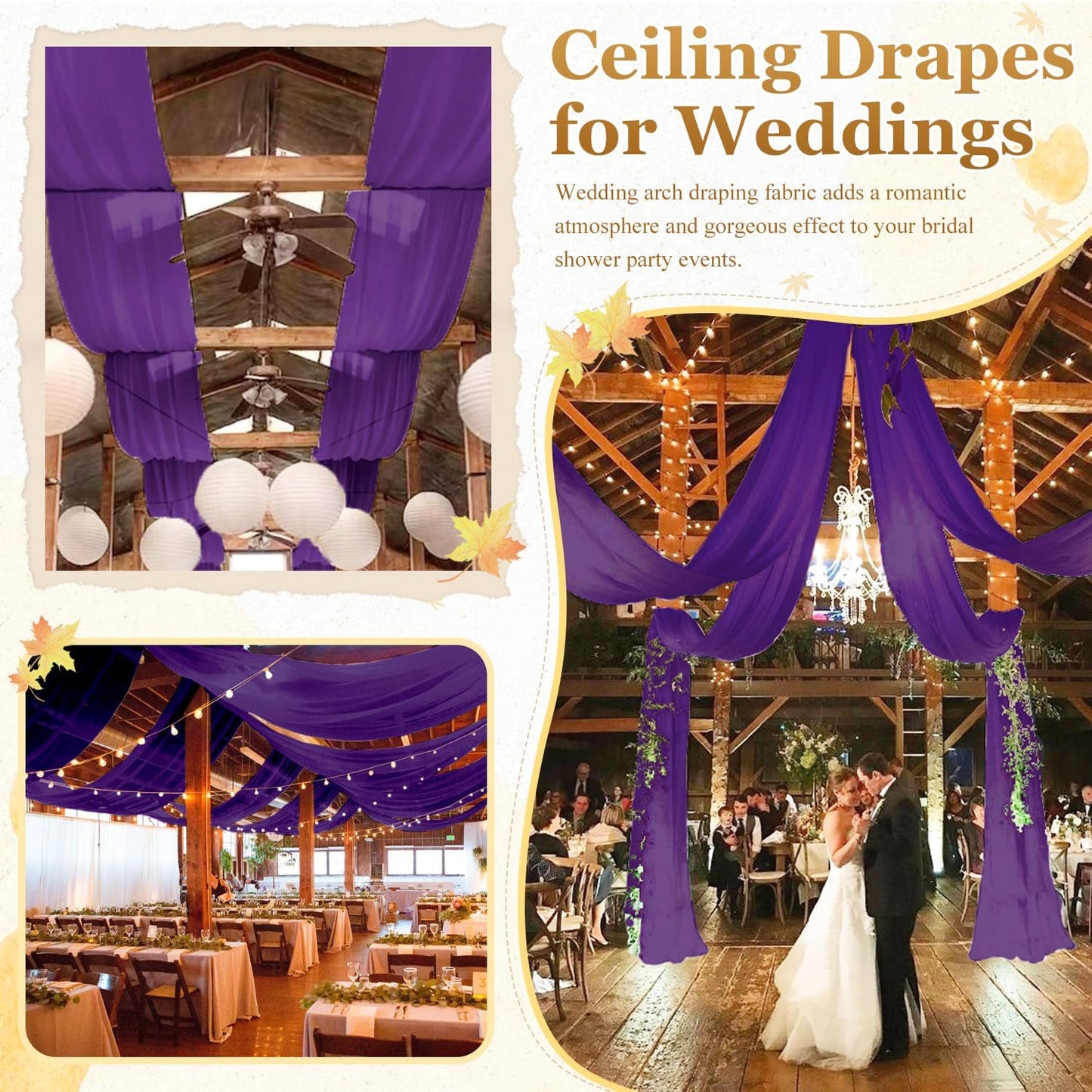 MODFUNS Purple Ceiling Drapes for Weddings Arch Drapery Fabric 6 Panels 5x30ft Chiffon Sheer Fabric Draping Tulle Wedding Curtain Drapes Ceiling Panels for Holiday Birthday Ceiling Supplies