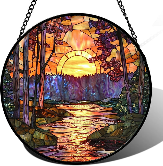 Stained Glass Window Hanging, Orange Landscape Green Purple Lake Forest Suncatcher for Doors Window Home Sun Catchers Decor Mother's Day Birthday Gifts for Women Men Mom 11.8 in