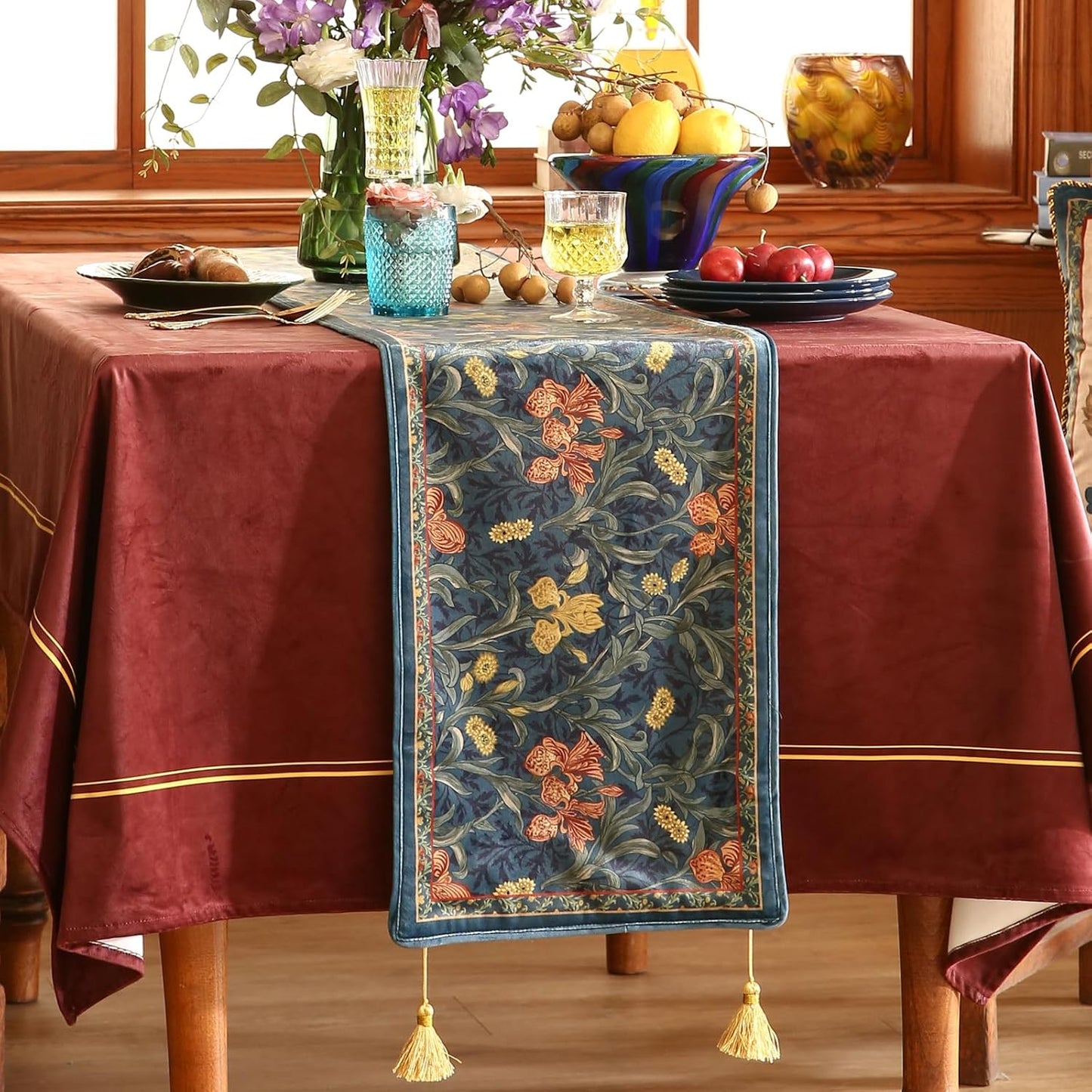 patdrea Designer Casual Wild Floral Velvet Table Runner 102 Inch Long, Dark Blue Occult Bouquets Pattern Table Mat, Decoration for Kitchen Dining Coffee Table Cabinet Banquet Thanksgiving,12"*102"