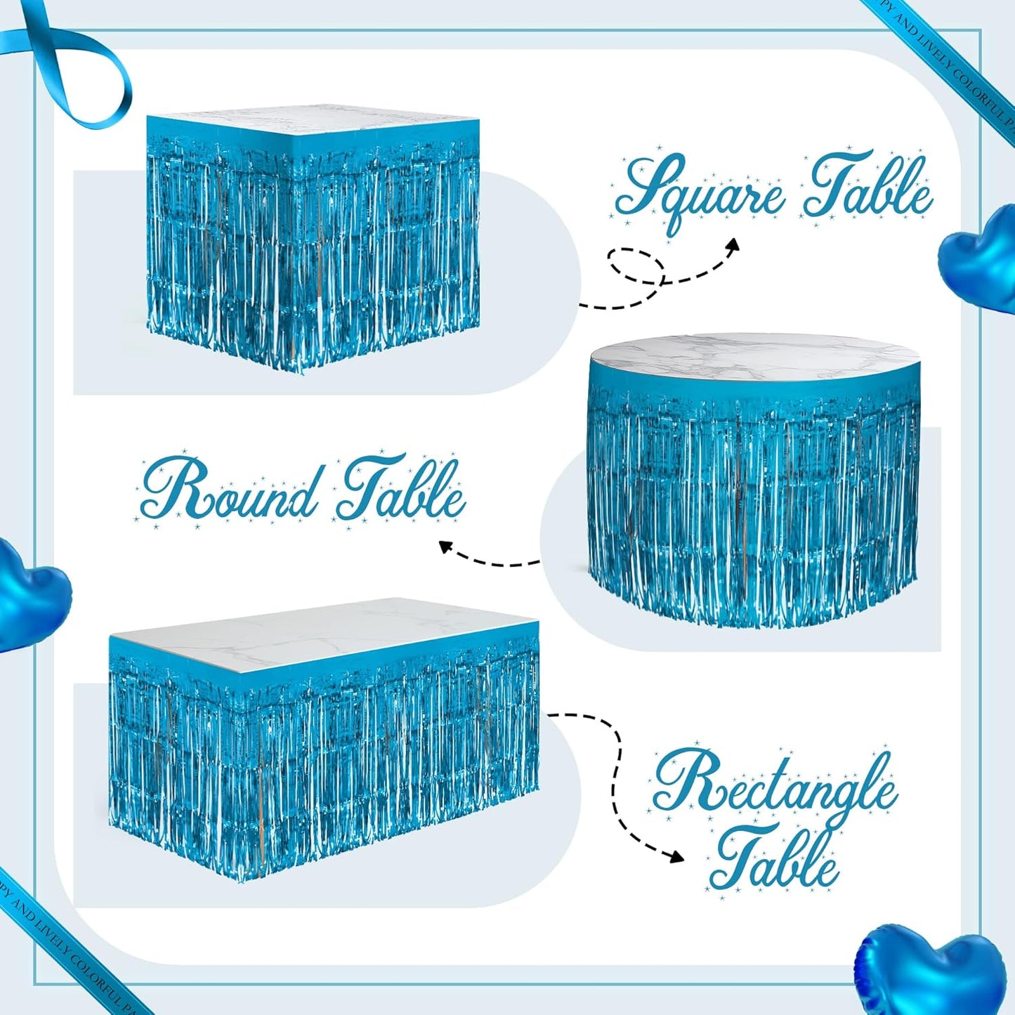 8 Pack Lake Blue Table Skirts, 29x108" Metallic Foil Tinsel Fringe Table Skirts for Rectangle Tables Streamer Curtains Backdrop, Party Decorations for Birthdays Weddings Holidays