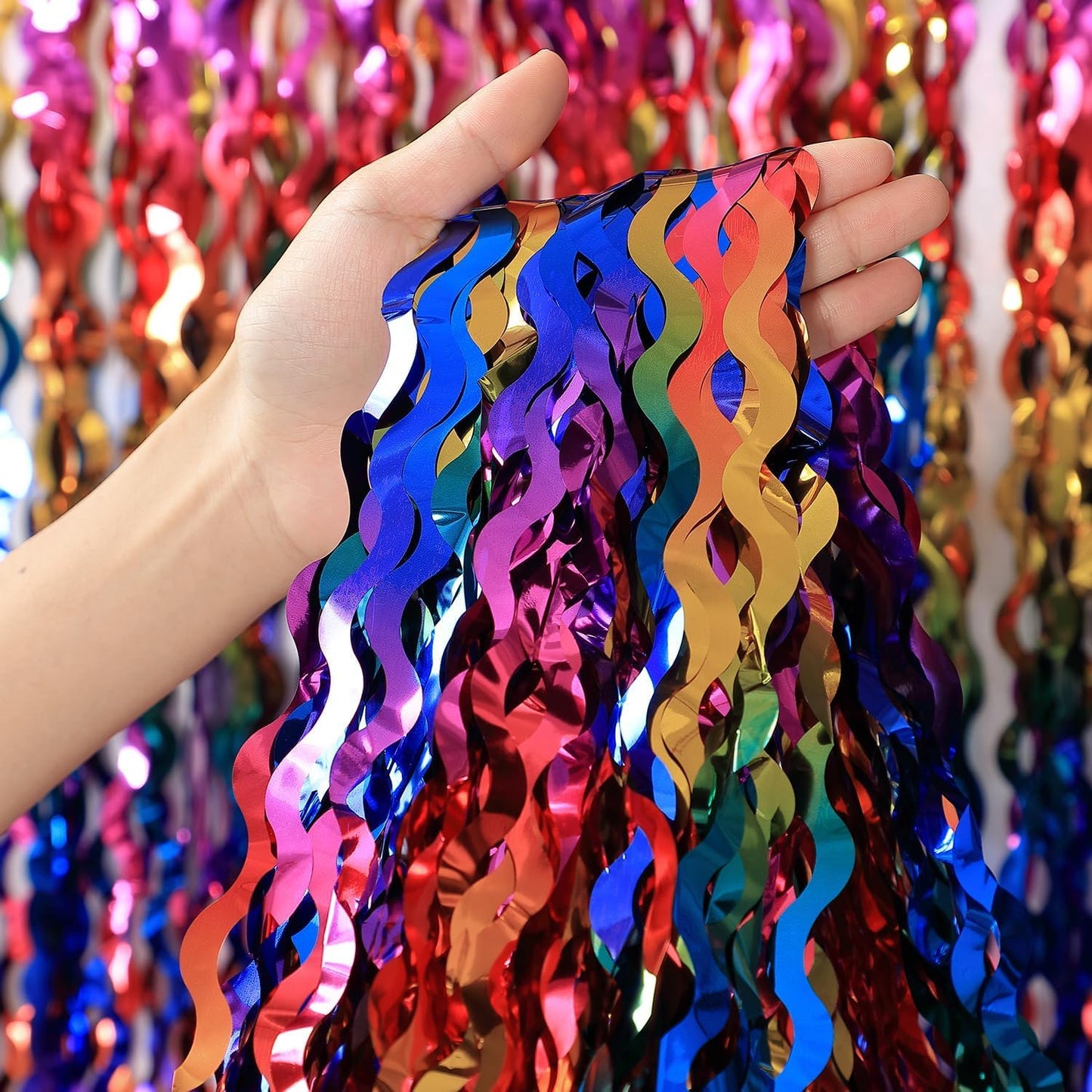 3 Pack Colorful Foil Fringe Curtain Backdrop - 6.6 x 3.3 ft Wavy Rainbow Tinsel Backdrop Curtain Metallic Streamers Iridescent Holiday Photo Booth Party Decorations