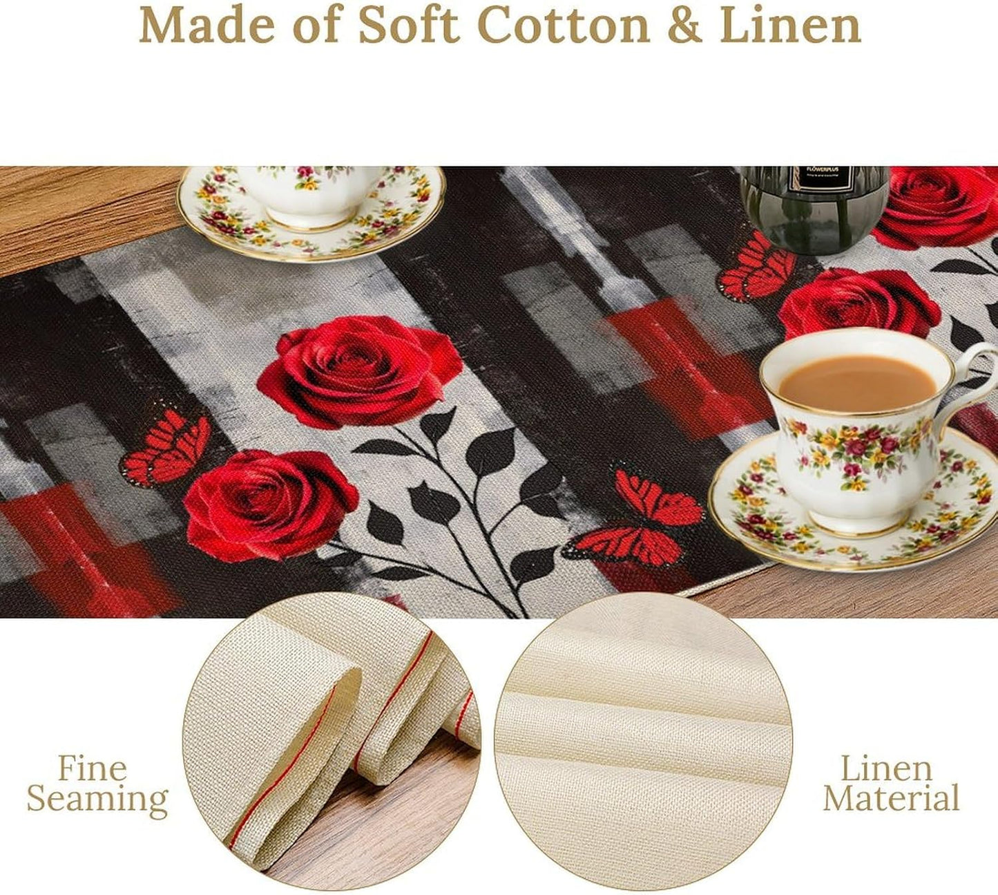 Abstract Art Rose Table Runner, Red Roses Floral Butterfly Black Red Grey Ink Background Pattern Kitchen Dinning Table Runner for Indoor Outdoor Home Wedding Party Holiday, 13x120 Inch