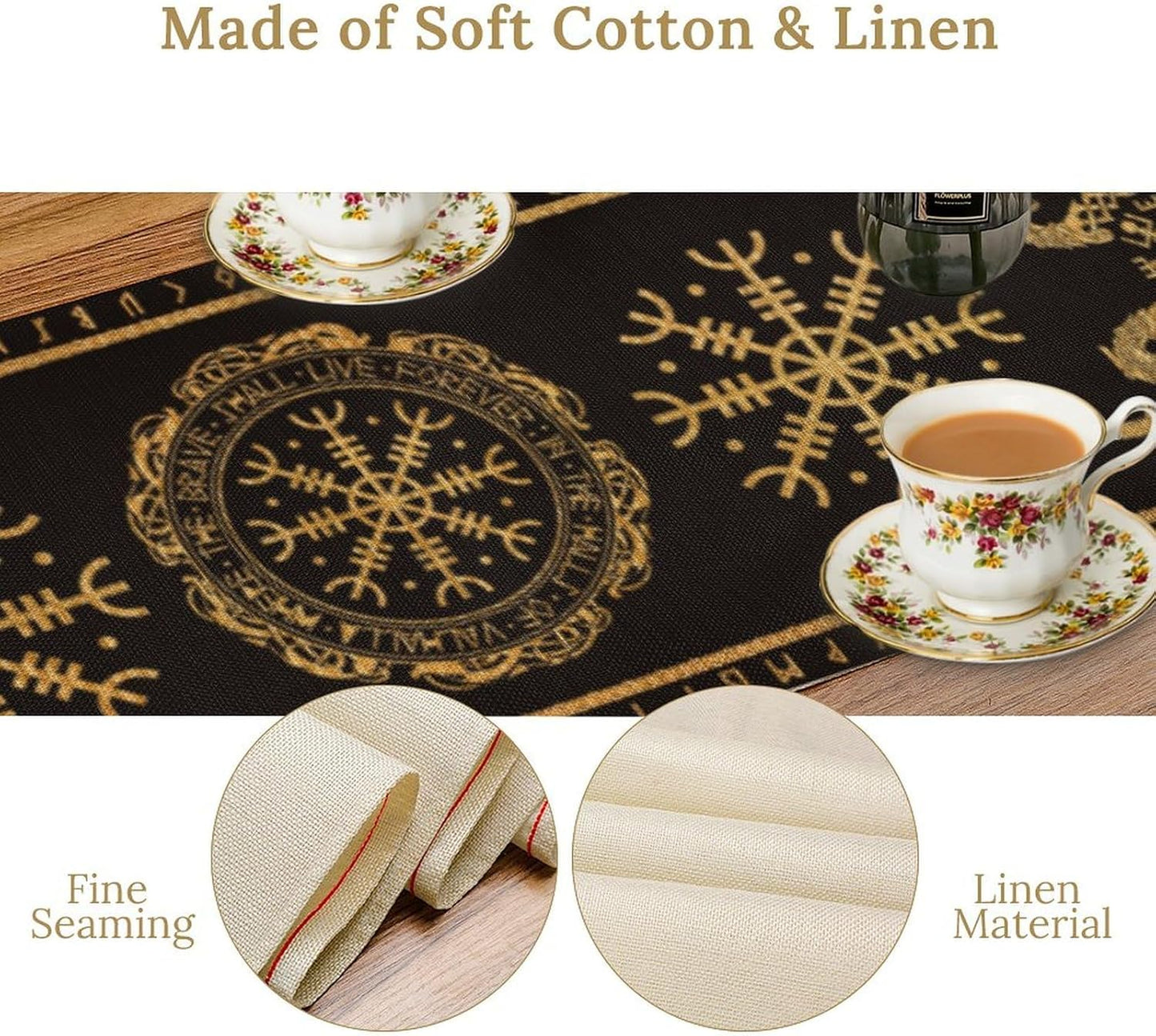 Viking Tree of Life Abstract Table Runner for Living Room Home Party Coffee Dining Party Wedding Golden Black Celtic Style Geometric Dragon Boat Rudder Ancient Script Table Runner 13x120 Inch