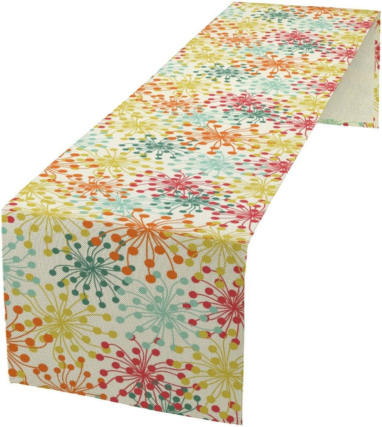Mid Century Flower Table Runner, Colorful Geometric Abstract Chrysanthemum Vintage Farmhouse Decorations Orange Yellow Gray Table Runner for Kitchen Dining Holiday Party Decor, 13x36 Inch