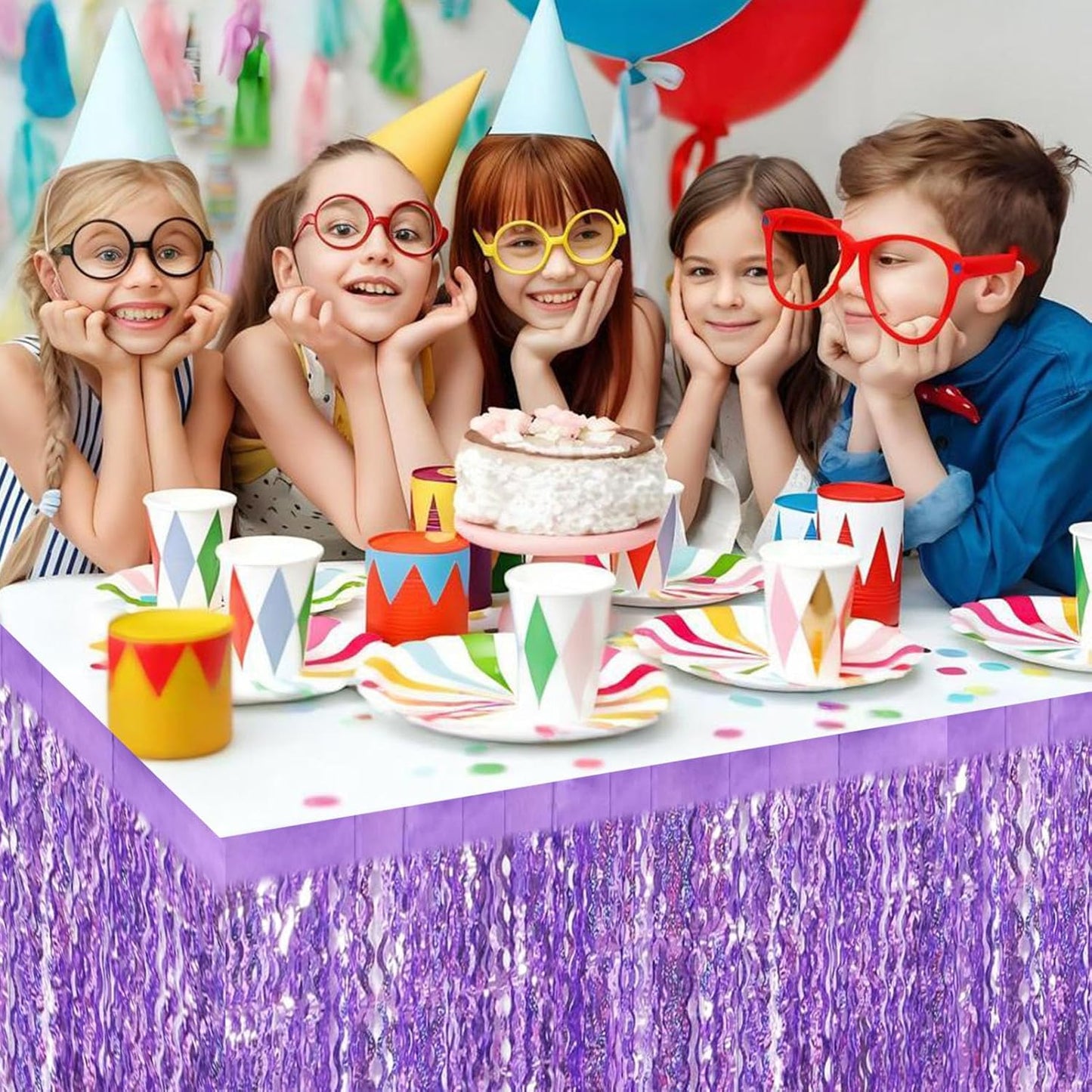 6 Pack 29x108 Inch Light Purple Wave Foil Fringe Table Skirts Metallic Banner for Tinsel Streamer Garland Backdrop for Parade Floats Mother's, Graduate, Mardi Gras, Birthday, Wedding Party Decorations