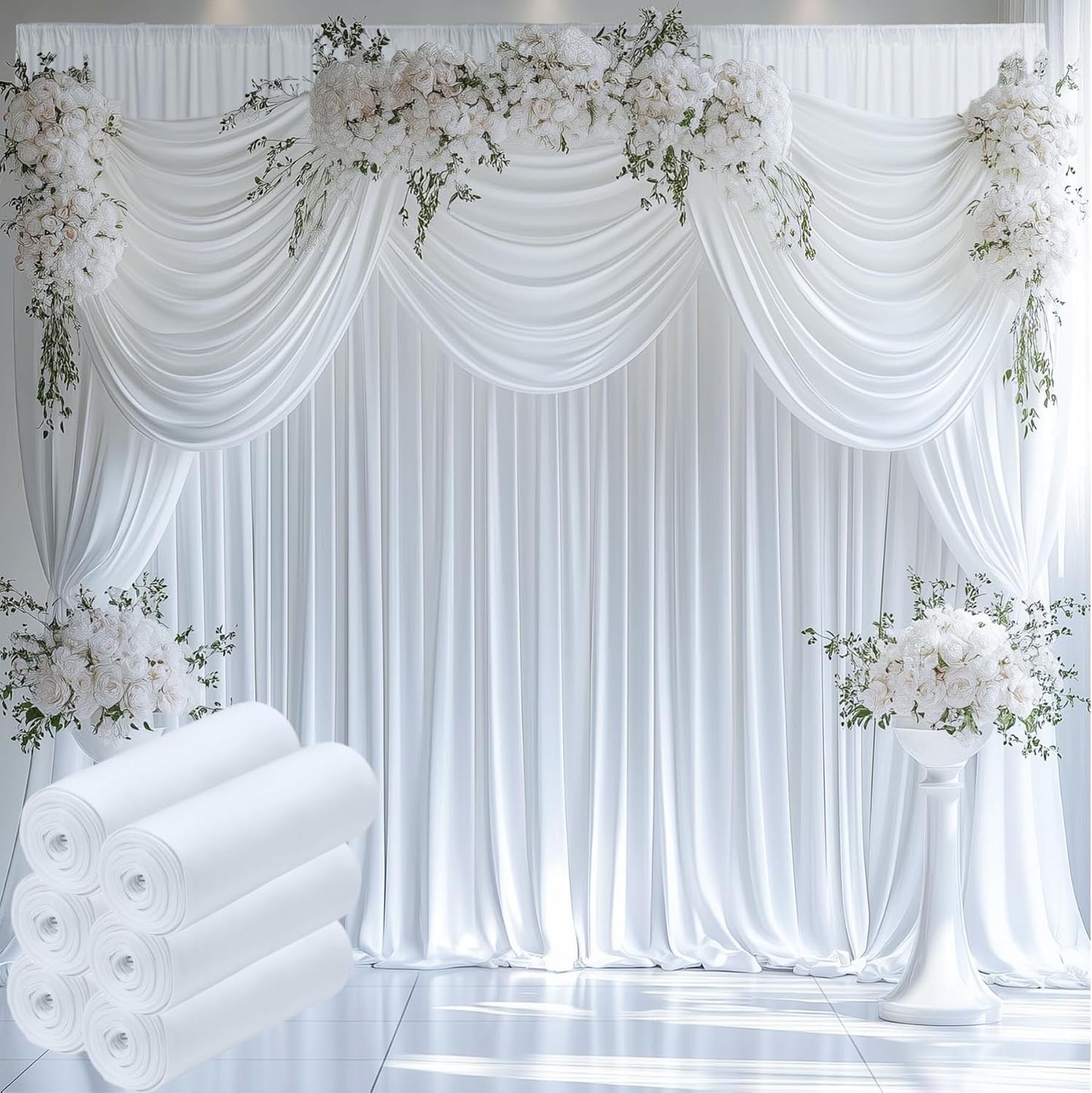 30ftx12ft Wrinkle Free White Backdrop Curtain, 6 Panels 12FT Height White Wedding Backdrop Drapes, Silky Polyester Back Drop Cloth for Birthday Photography Background Party Backdrop Draping
