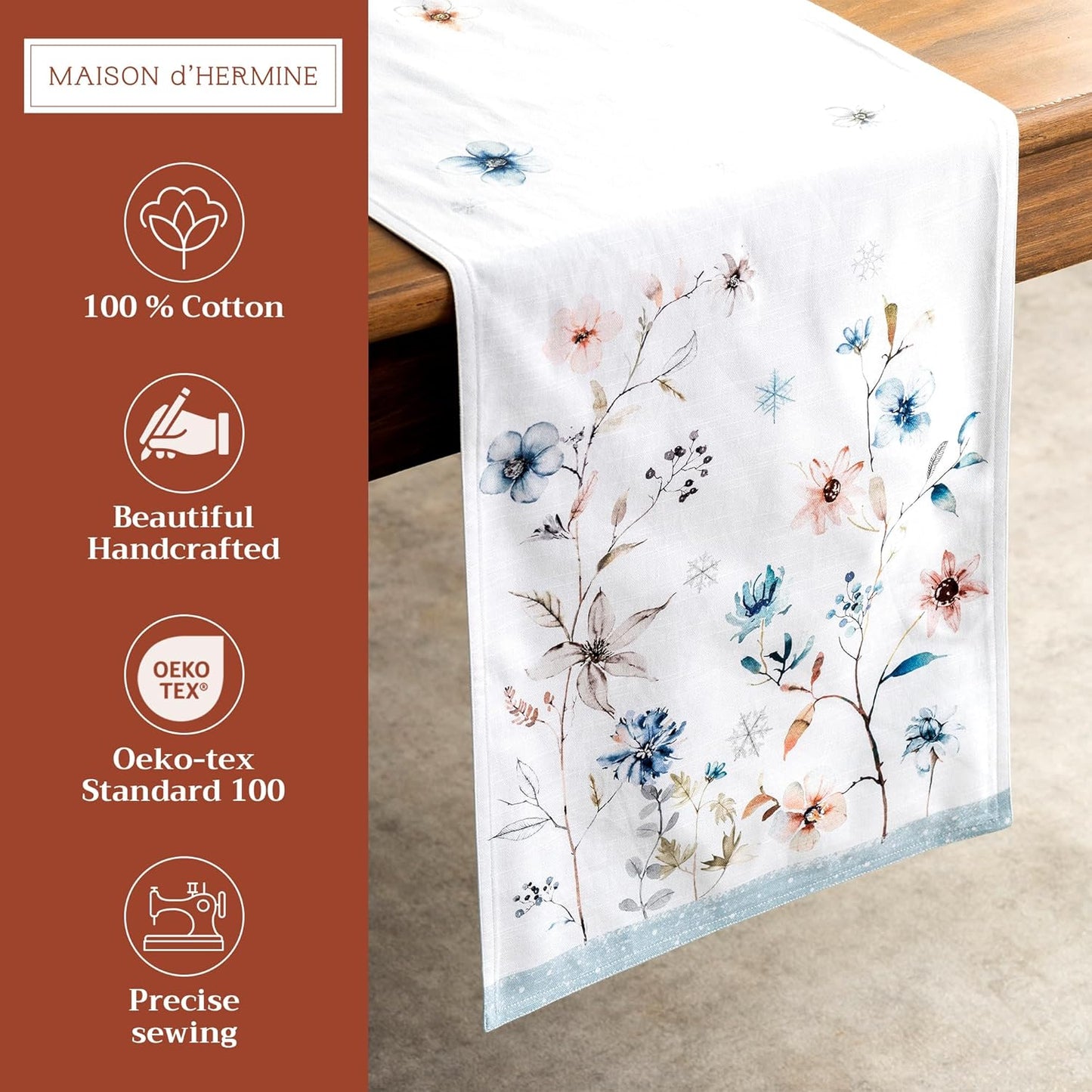 Maison d' Hermine Table Runner 100% Cotton Double Layer Table Runners 108 inches Long for Thanksgiving Christmas Decorations Home Kitchen Dining Party Wedding (Ice Florals, 14.5" x 108")