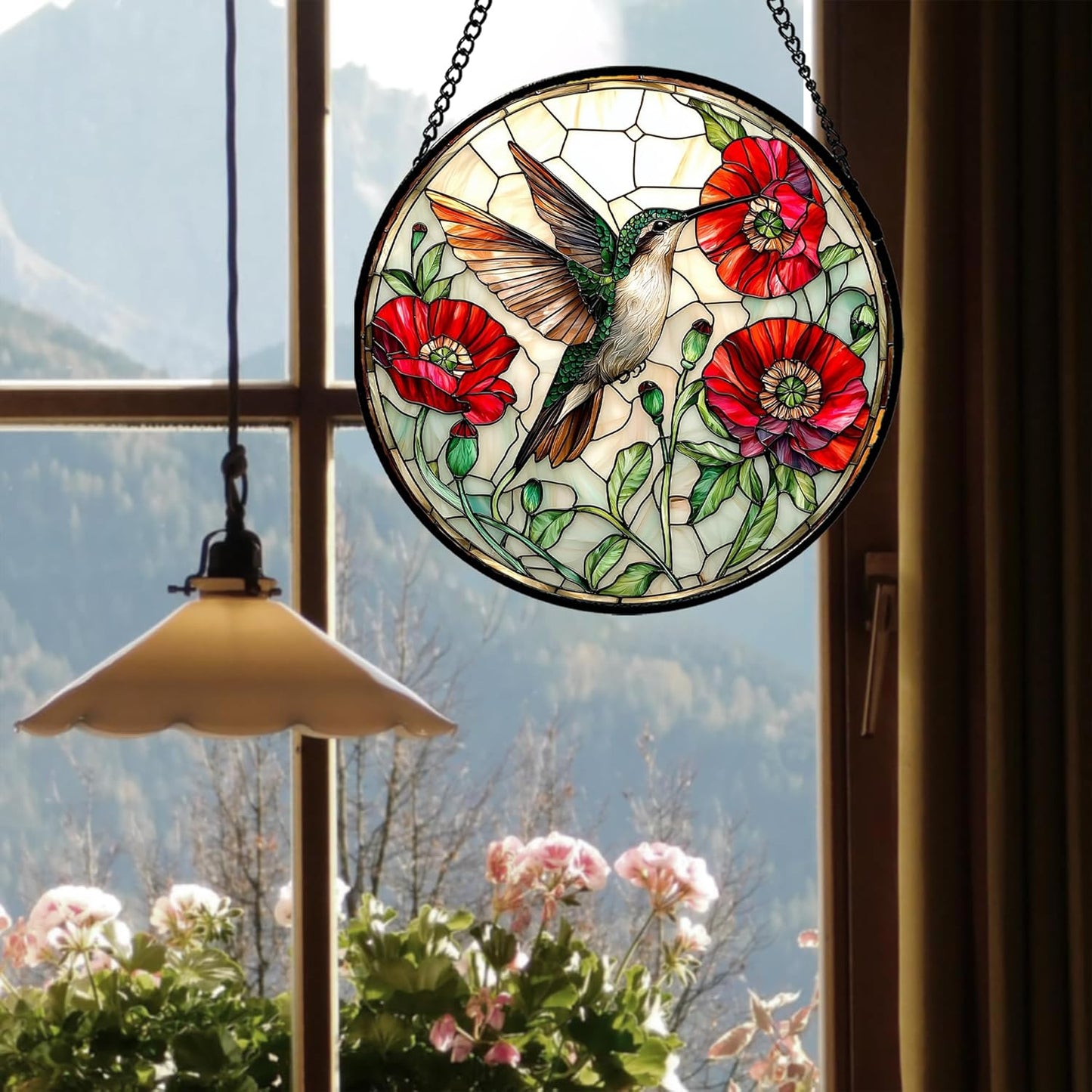 Stained Glass Window Hanging - Green Hummingbird Red Flower Suncatcher for Door Terrace Garden Home Decor Bird Landscape Sun Catcher Birthday Gifts for Lovers Women Men Dad Mom Nana 7.8 in