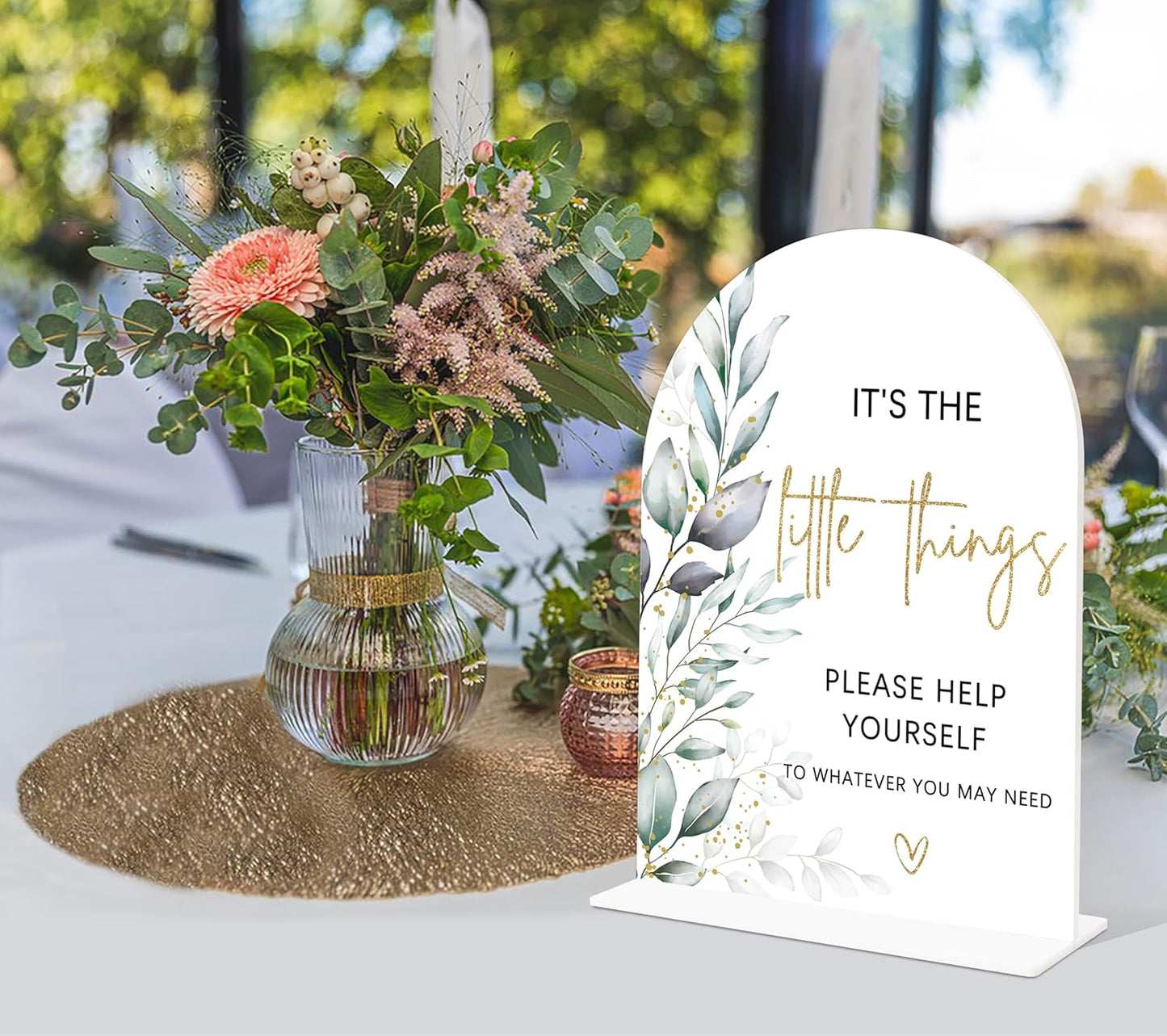 Acrylic Wedding Signs, Greenery Theme It's The Little Things Please Help Yourself Sign, Wedding Reception Signage, Bridal Shower Table Decor with Stand, Anniversary, Newlywed Events Supplies, 15