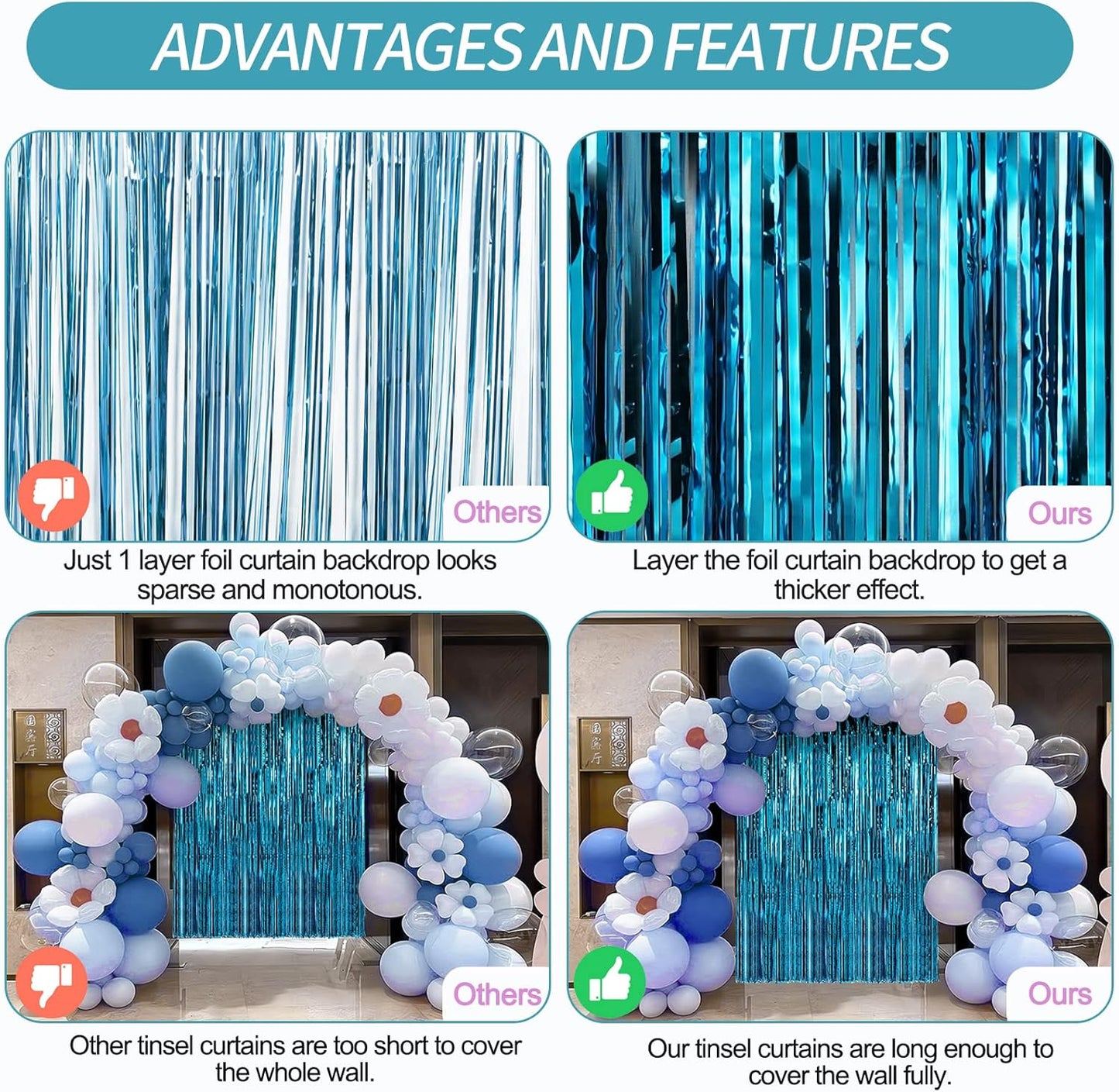 Crosize 2 Pack 3.3 x 9.9 ft Blue Foil Fringe Curtains Party Decorations, Blue Tinsel Curtain Backdrop for Parties, Door Streamers, Glitter Streamer Fringe Backdrop for Birthday Decoration