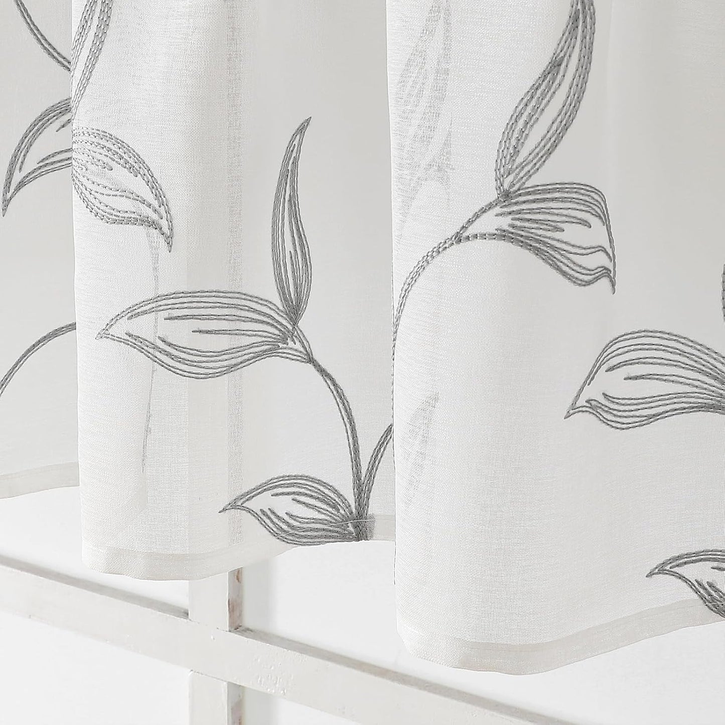 VISIONTEX Sheer Voile Curtain Valances, Decorative Leaves Embroidered, Rod Pocket Window Treatment for Kitchen/Rustic Bedroom/Living Room (54 x 16 Inch,1 Panel)