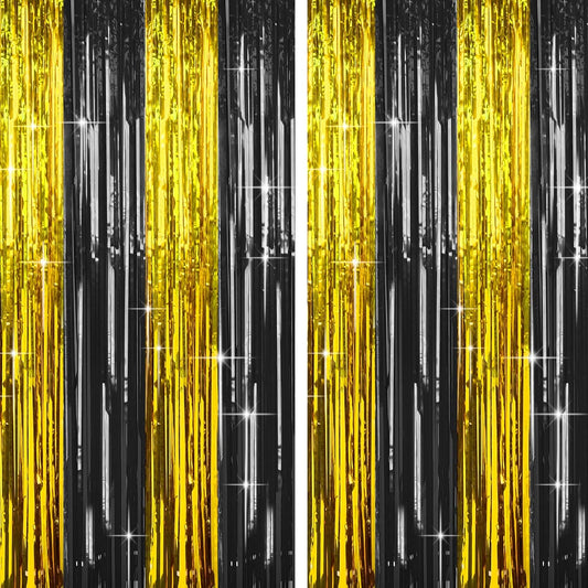4 Packs Black and Gold Foil Fringe Curtain, Black Gold Metallic Tinsel Backdrop for Birthday, Wedding, Graduation Decorations 2025, Anniversary, Retirement Party Decorations Supplies