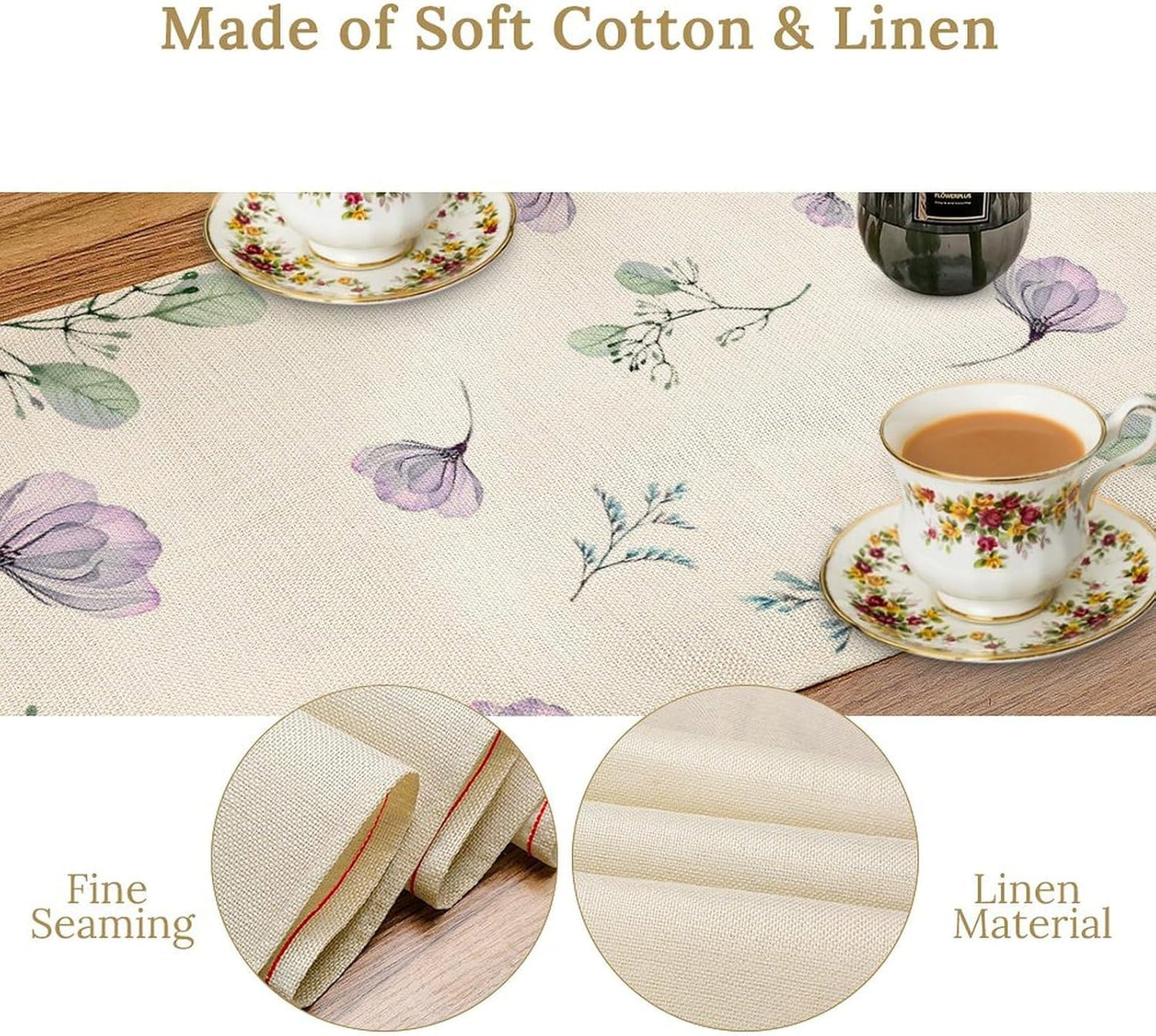 Poppy Flower Table Runner, Watercolor Purple Floral Leaves Seasonal Spring Summer Table Runner for Kitchen Dinning Table Runner Decor Home Wedding Party Holiday, 13x60 Inch