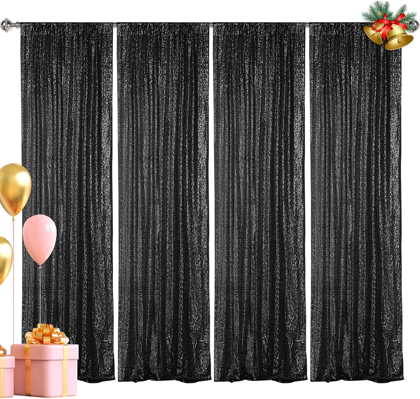 Hahuho Black Sequin Backdrop Curtain, 4PCS 2FTx8FT Glitter Backdrop Curtain for Parties, Christmas, Wedding, Party Decoration（4 Panels, 2FT x 8FT, Black