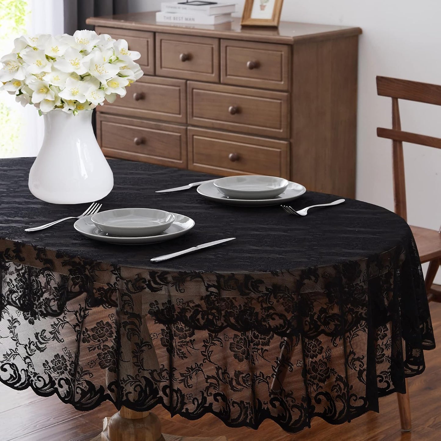 LinenZone Black Oval Tablecloth for Rustic Vintage Decor. Sheer Lace Tablecloth Works Great As Wedding Tablecloth, Thanksgiving Tablecloth or Christmas Tablecloth (Mia Oval 104, Black)