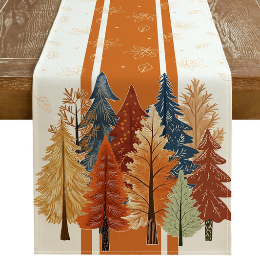 GEEORY Fall Watercolor Trees & Maple Leaves Striped Table Runner 13x60 Inch, Rustic Farmhouse Autumn Thanksgiving Decor for Kitchen, Dining, Indoor/Outdoor Holiday Dinner Party Orange GT157-60